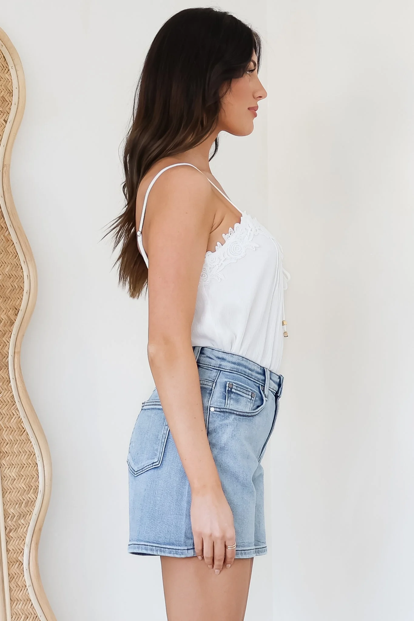 Davie Denim Shorts - High Waisted Straight Leg Shorts in Light Denim - Image 7