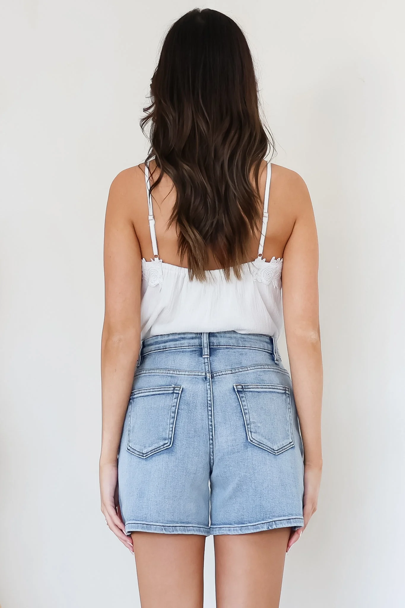 Davie Denim Shorts - High Waisted Straight Leg Shorts in Light Denim - Image 8