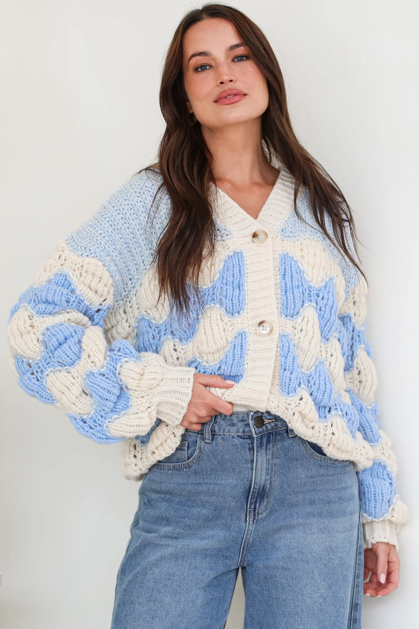 Deborah Cardigan - Relaxed Button Front Stripe Bubble Knit in Blue