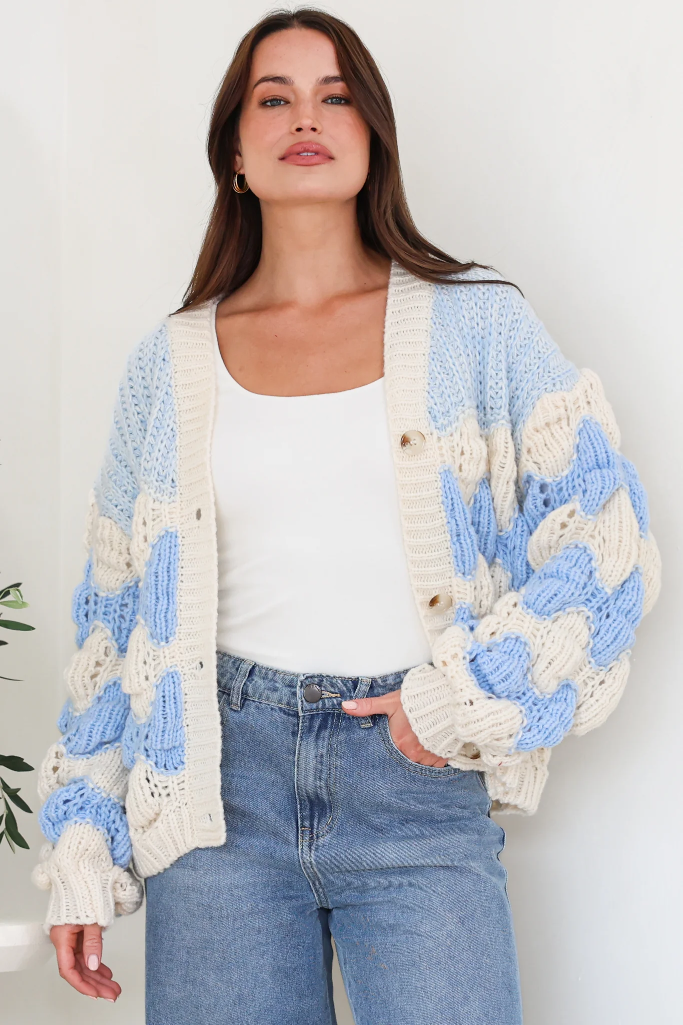 Deborah Cardigan - Relaxed Button Front Stripe Bubble Knit in Blue - Image 2