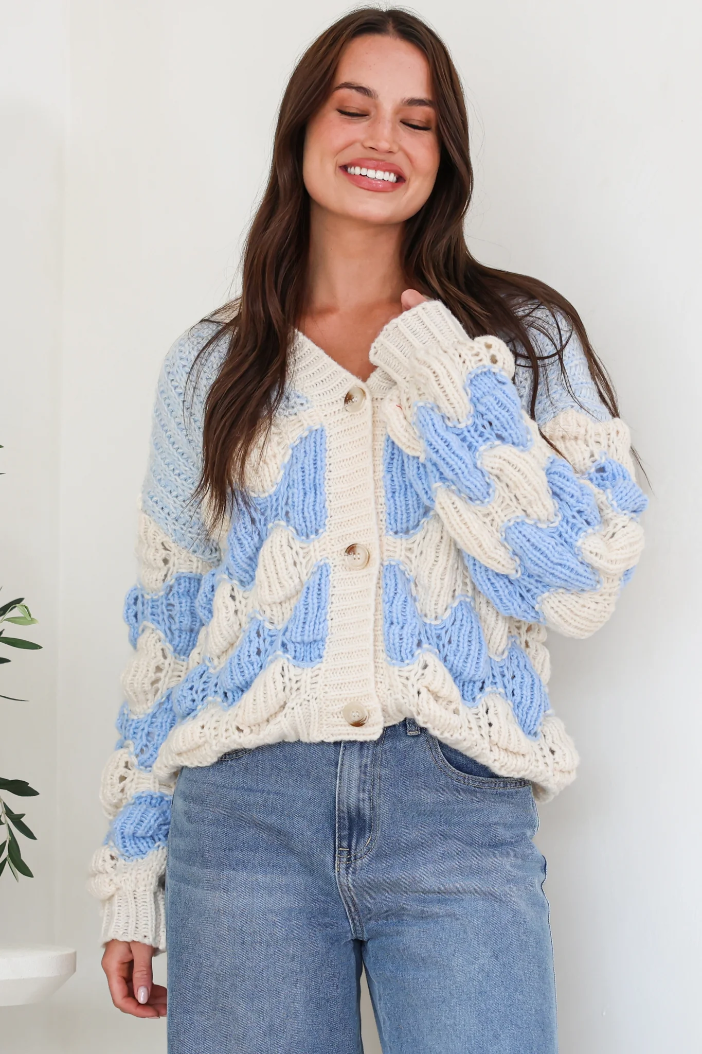 Deborah Cardigan - Relaxed Button Front Stripe Bubble Knit in Blue - Image 3
