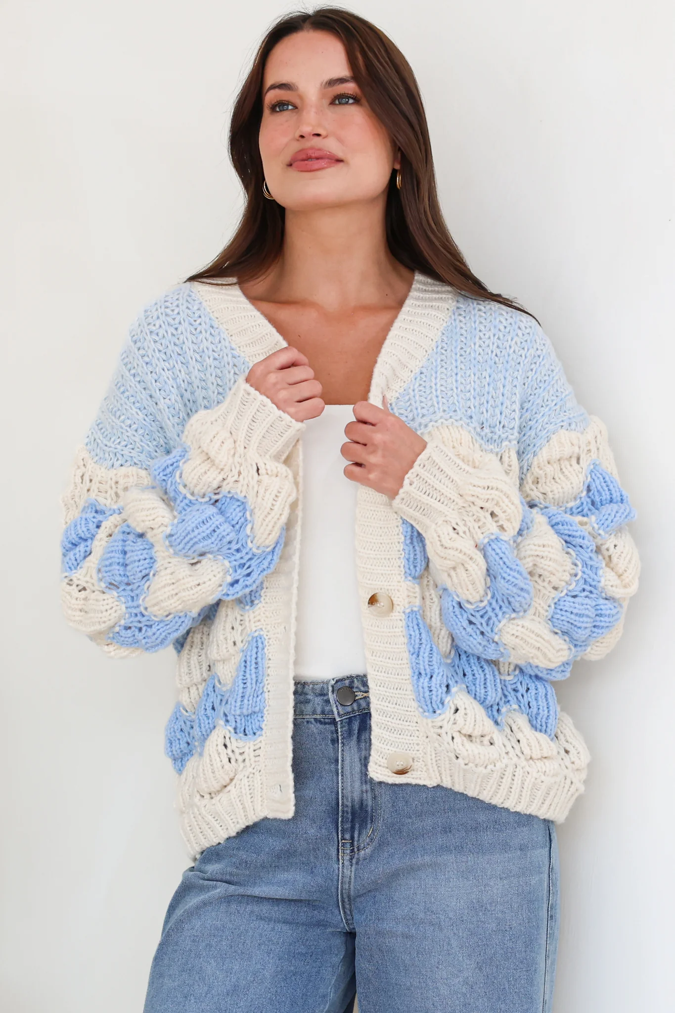 Deborah Cardigan - Relaxed Button Front Stripe Bubble Knit in Blue - Image 4