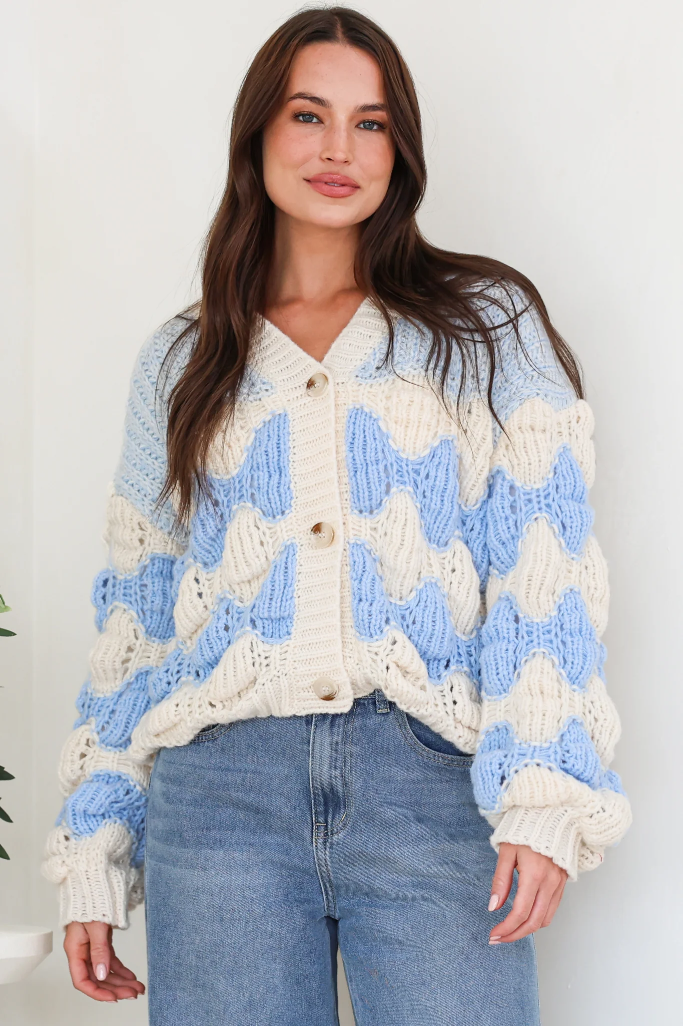 Deborah Cardigan - Relaxed Button Front Stripe Bubble Knit in Blue - Image 5