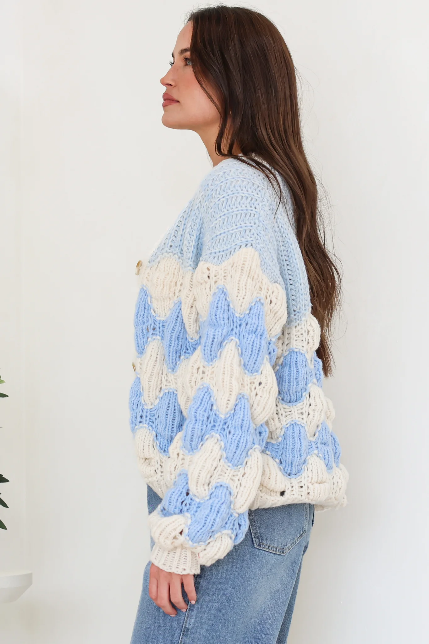 Deborah Cardigan - Relaxed Button Front Stripe Bubble Knit in Blue - Image 6