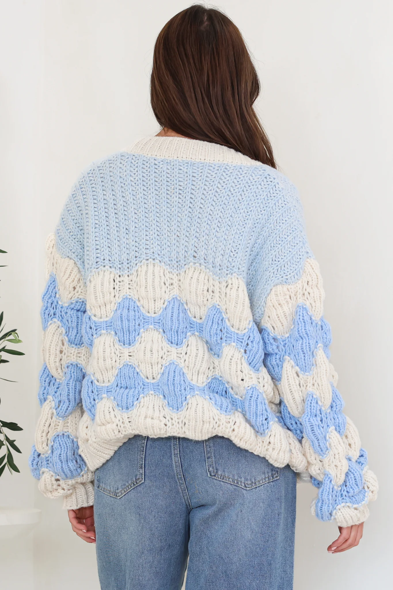 Deborah Cardigan - Relaxed Button Front Stripe Bubble Knit in Blue - Image 7