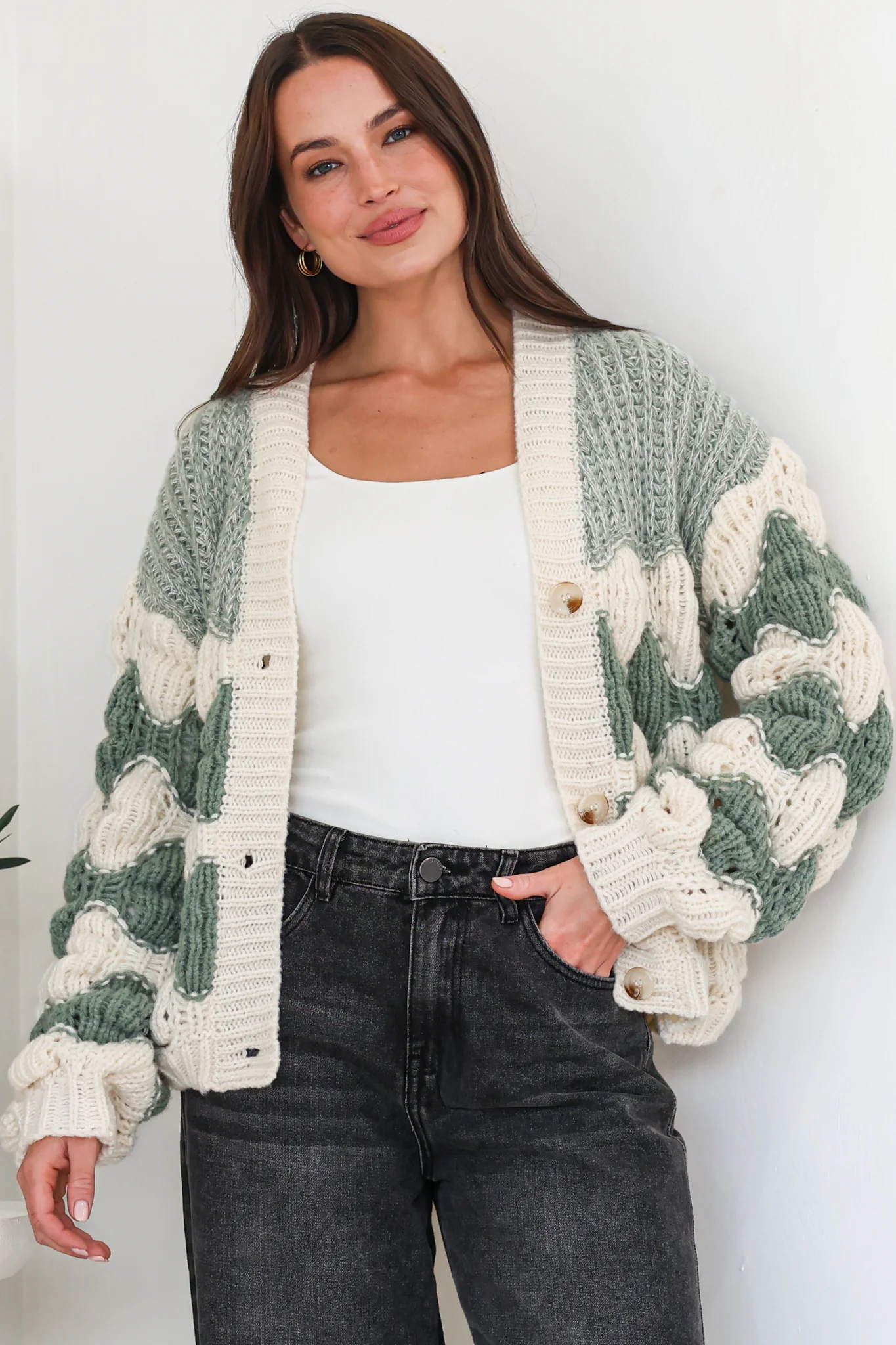 Deborah Cardigan - Relaxed Button Front Stripe Bubble Knit in Green - Image 3