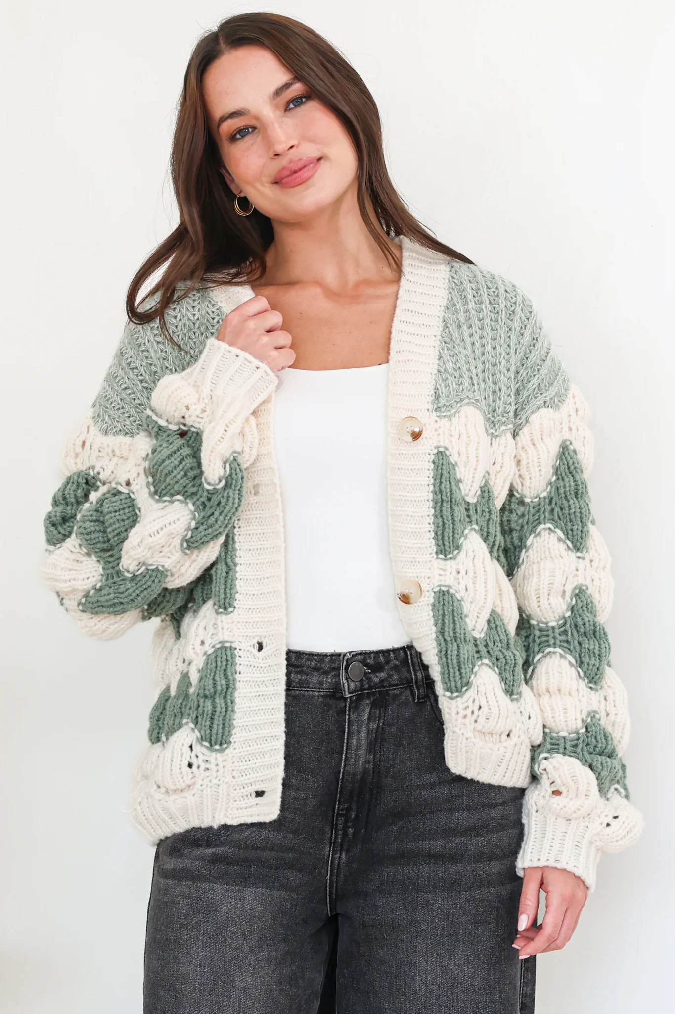 Deborah Cardigan - Relaxed Button Front Stripe Bubble Knit in Green - Image 5