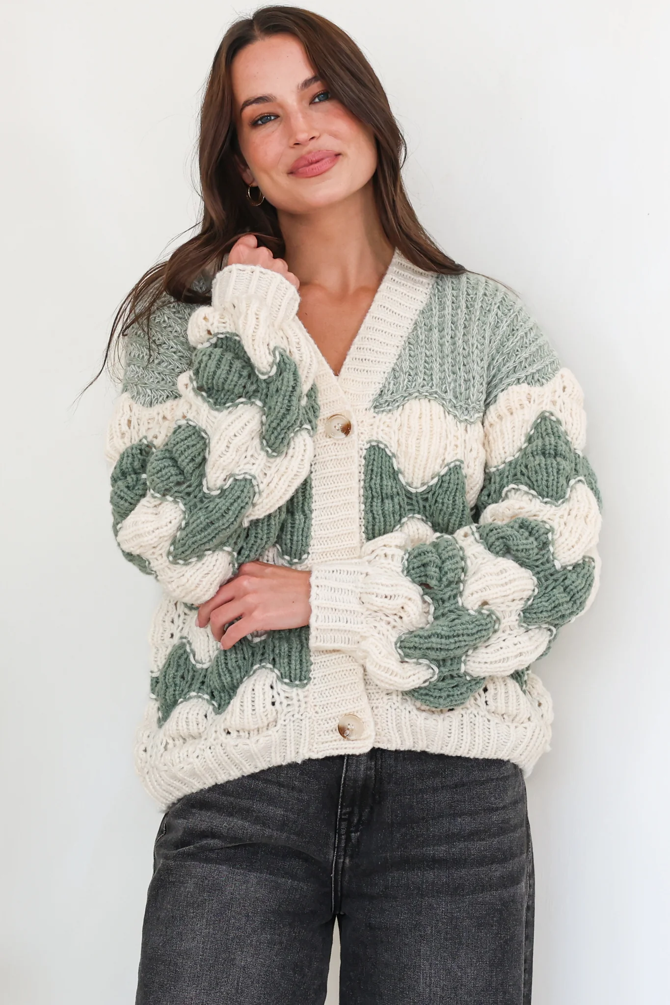 Deborah Cardigan - Relaxed Button Front Stripe Bubble Knit in Green - Image 6