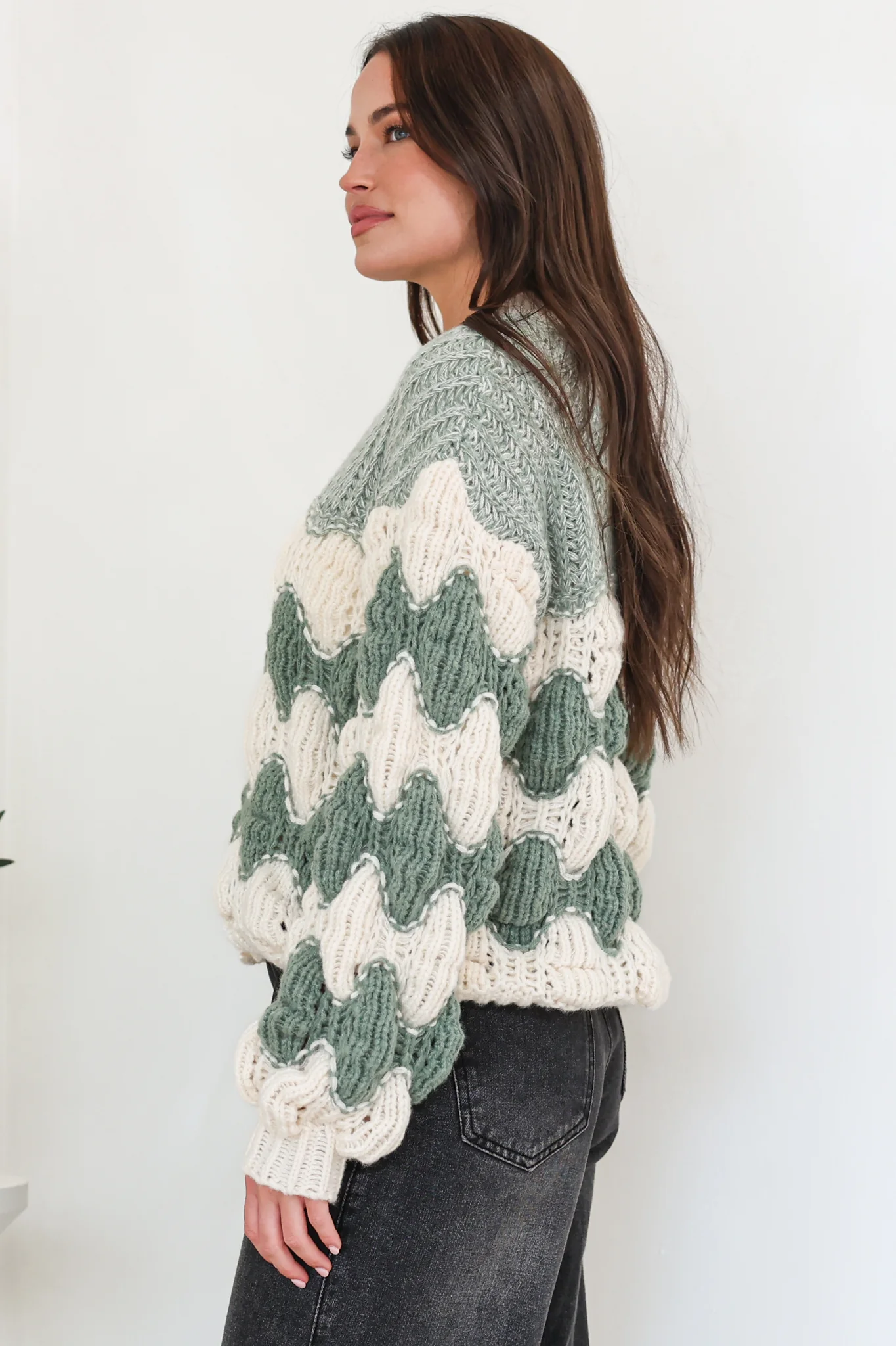 Deborah Cardigan - Relaxed Button Front Stripe Bubble Knit in Green - Image 7
