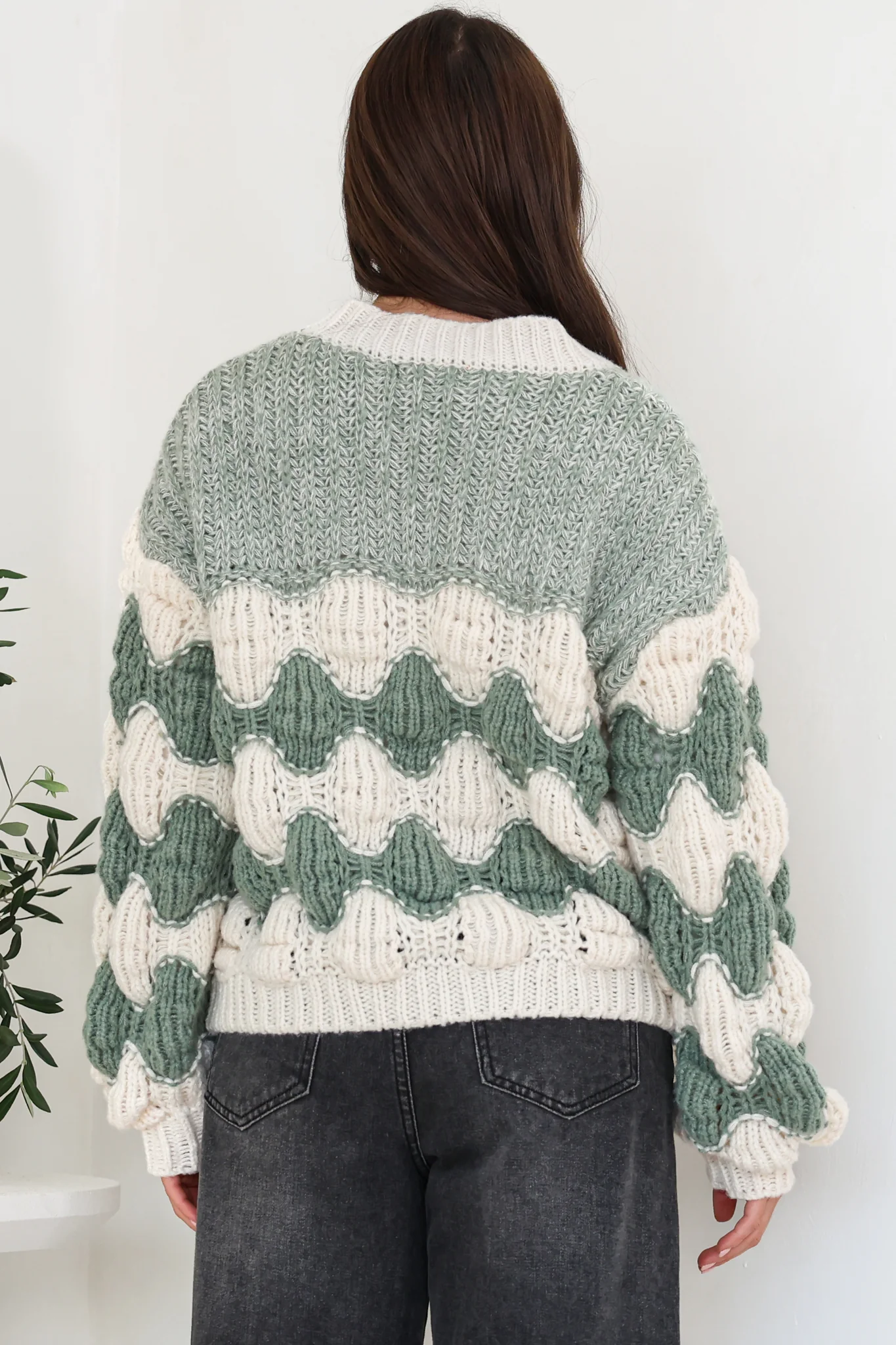 Deborah Cardigan - Relaxed Button Front Stripe Bubble Knit in Green - Image 8