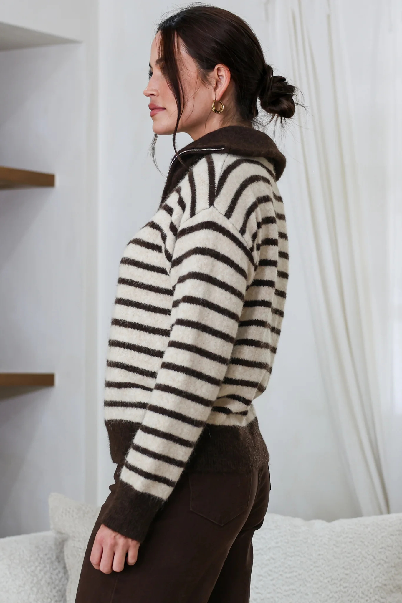 Dennis Jumper - Chunky Collar with Zipper Stripe Knit in Latte - Image 7