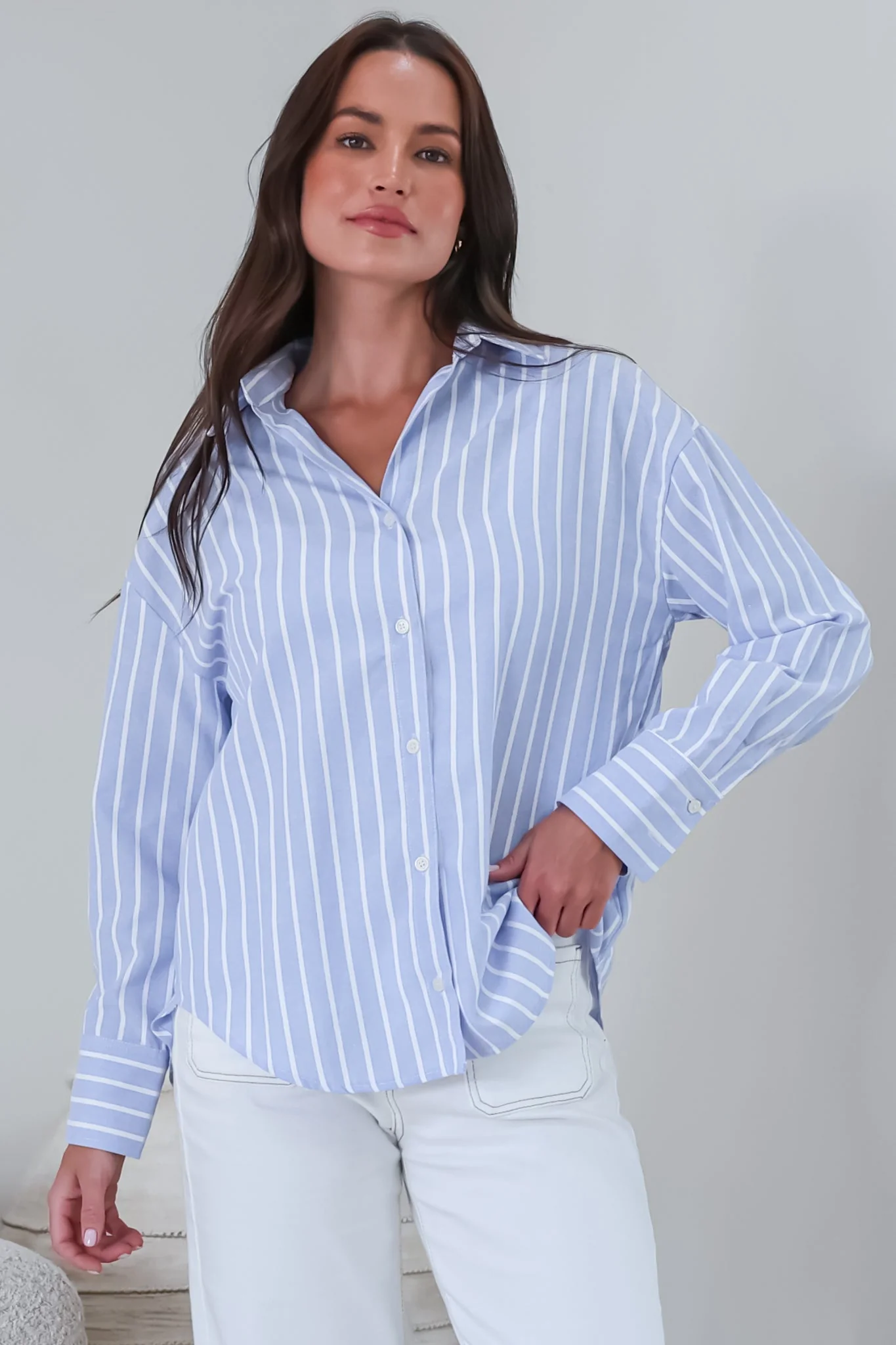 Denver Shirt - Wing Collar Button Down Striped Cotton Shirt with Scoop Hemline in Blue