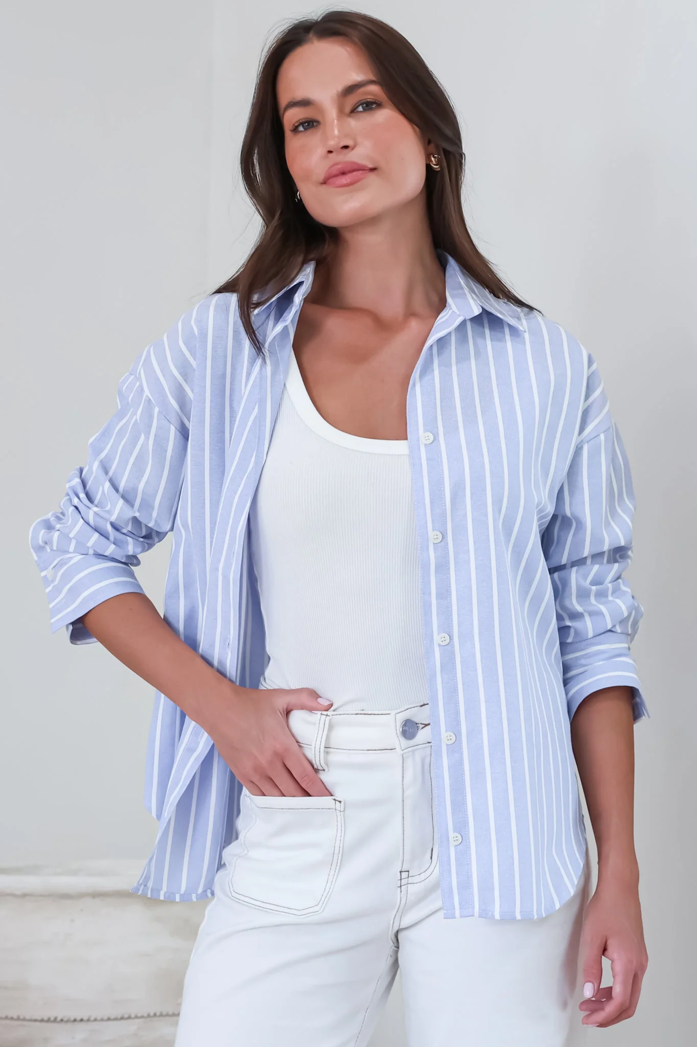 Denver Shirt - Wing Collar Button Down Striped Cotton Shirt with Scoop Hemline in Blue - Image 4