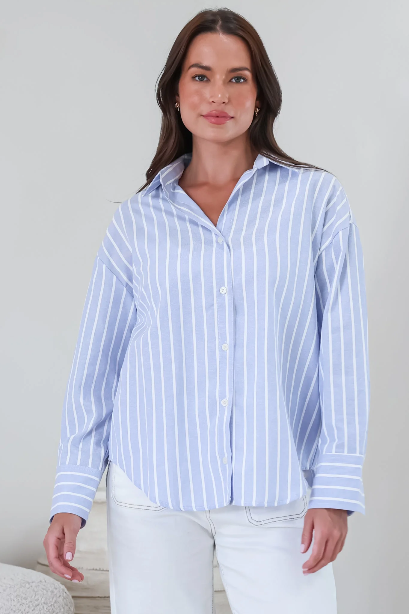 Denver Shirt - Wing Collar Button Down Striped Cotton Shirt with Scoop Hemline in Blue - Image 5