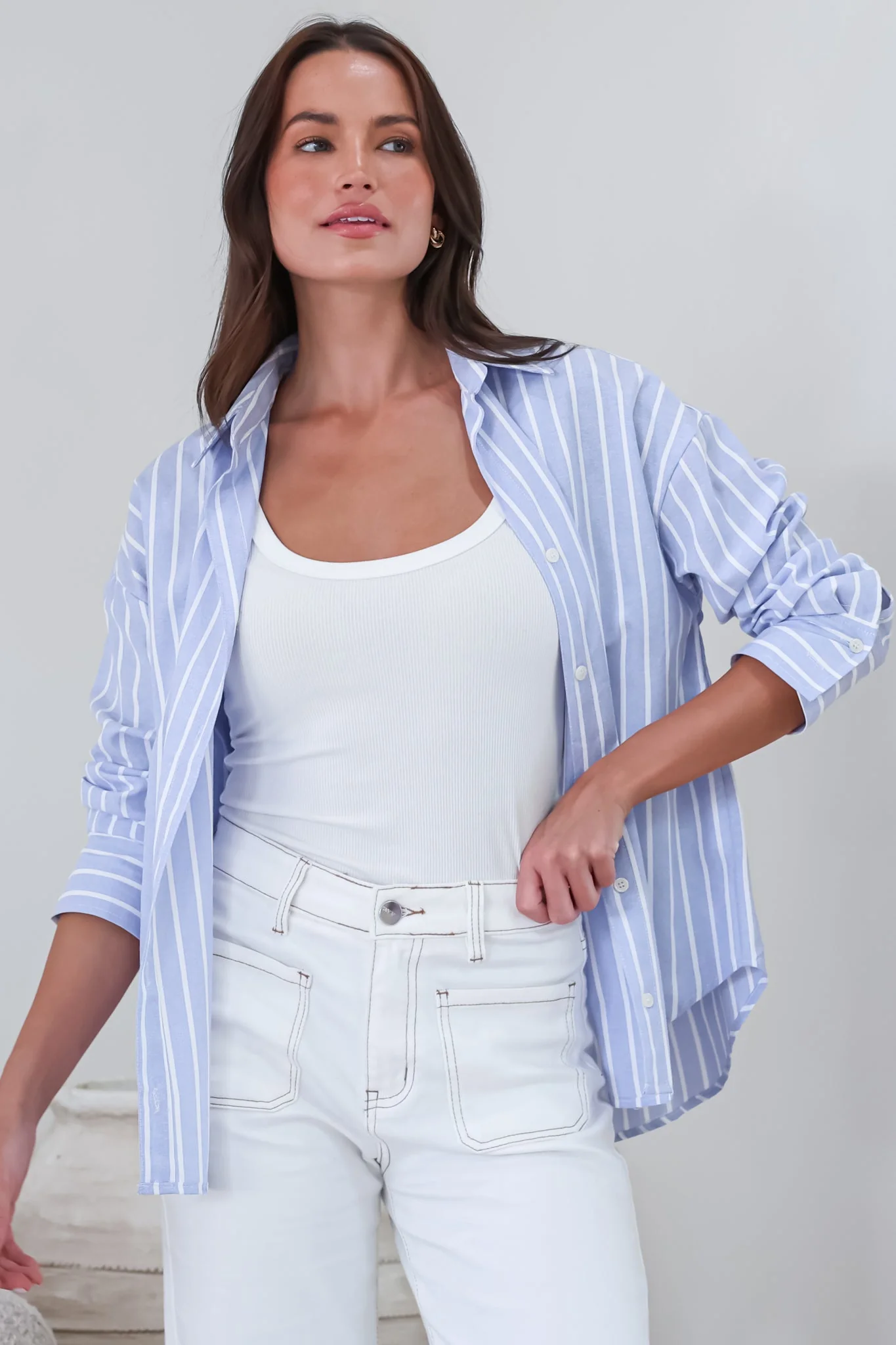 Denver Shirt - Wing Collar Button Down Striped Cotton Shirt with Scoop Hemline in Blue - Image 6
