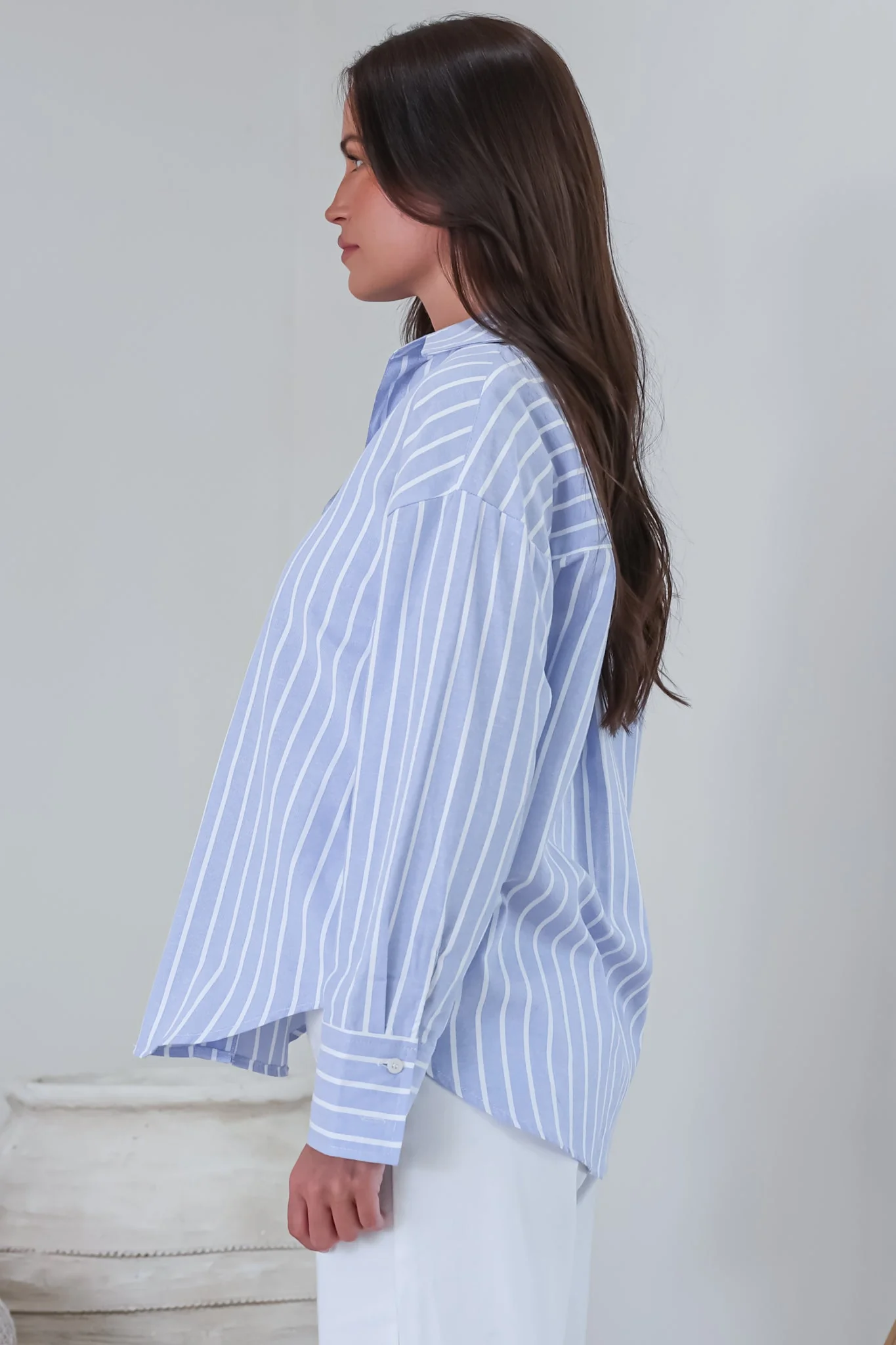 Denver Shirt - Wing Collar Button Down Striped Cotton Shirt with Scoop Hemline in Blue - Image 8