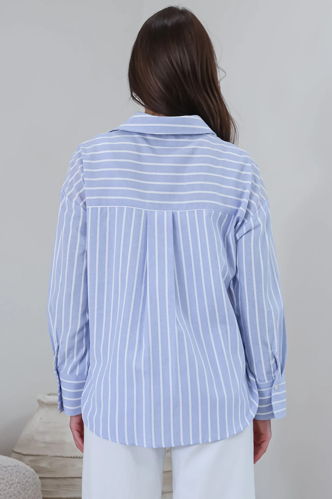 Denver Shirt - Wing Collar Button Down Striped Cotton Shirt with Scoop Hemline in Blue - Image 9