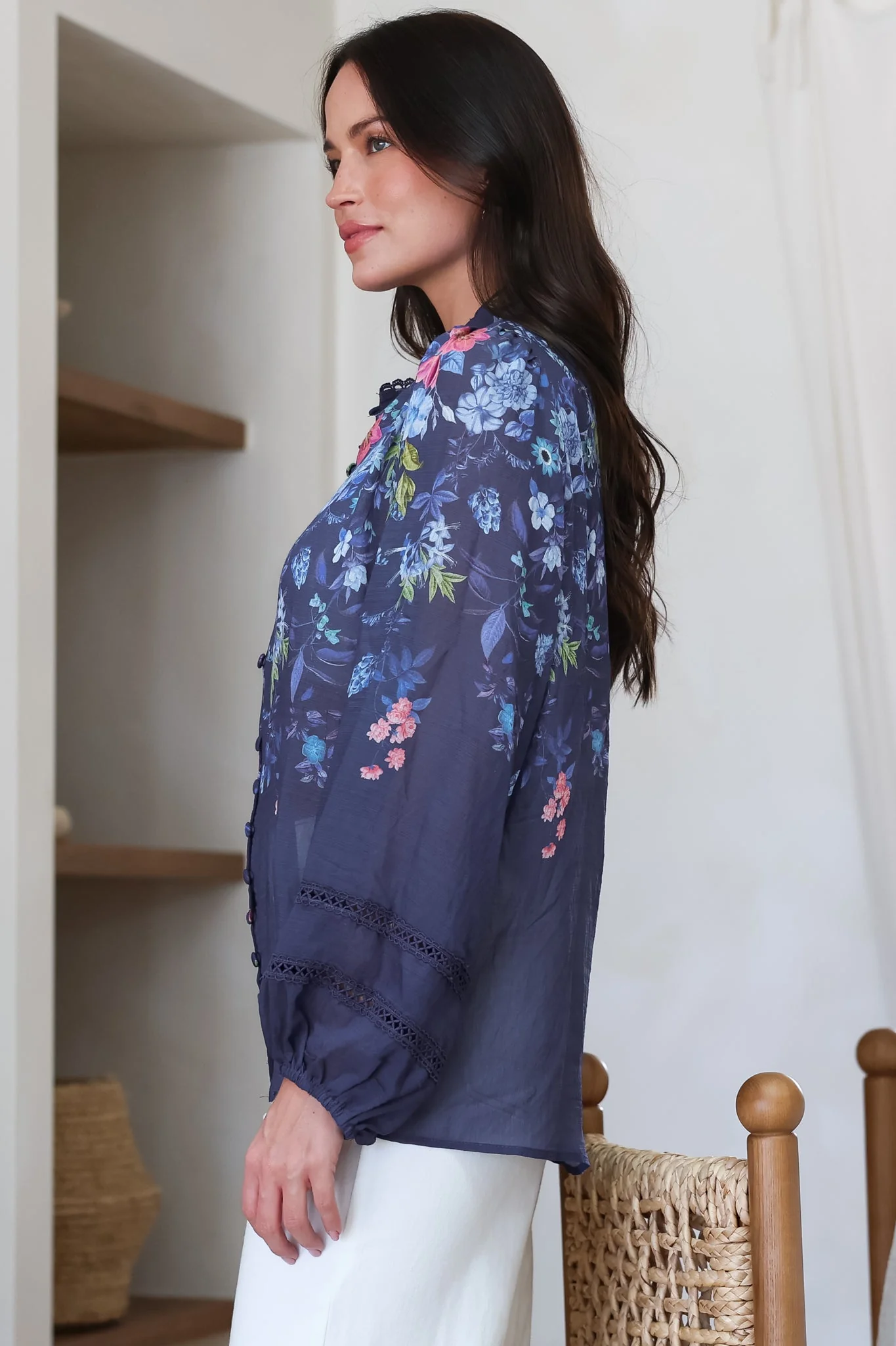 Diandra Blouse - Lace Trim Mandarin Collar Button Down with Balloon Sleeves in Elsie Print - Image 10