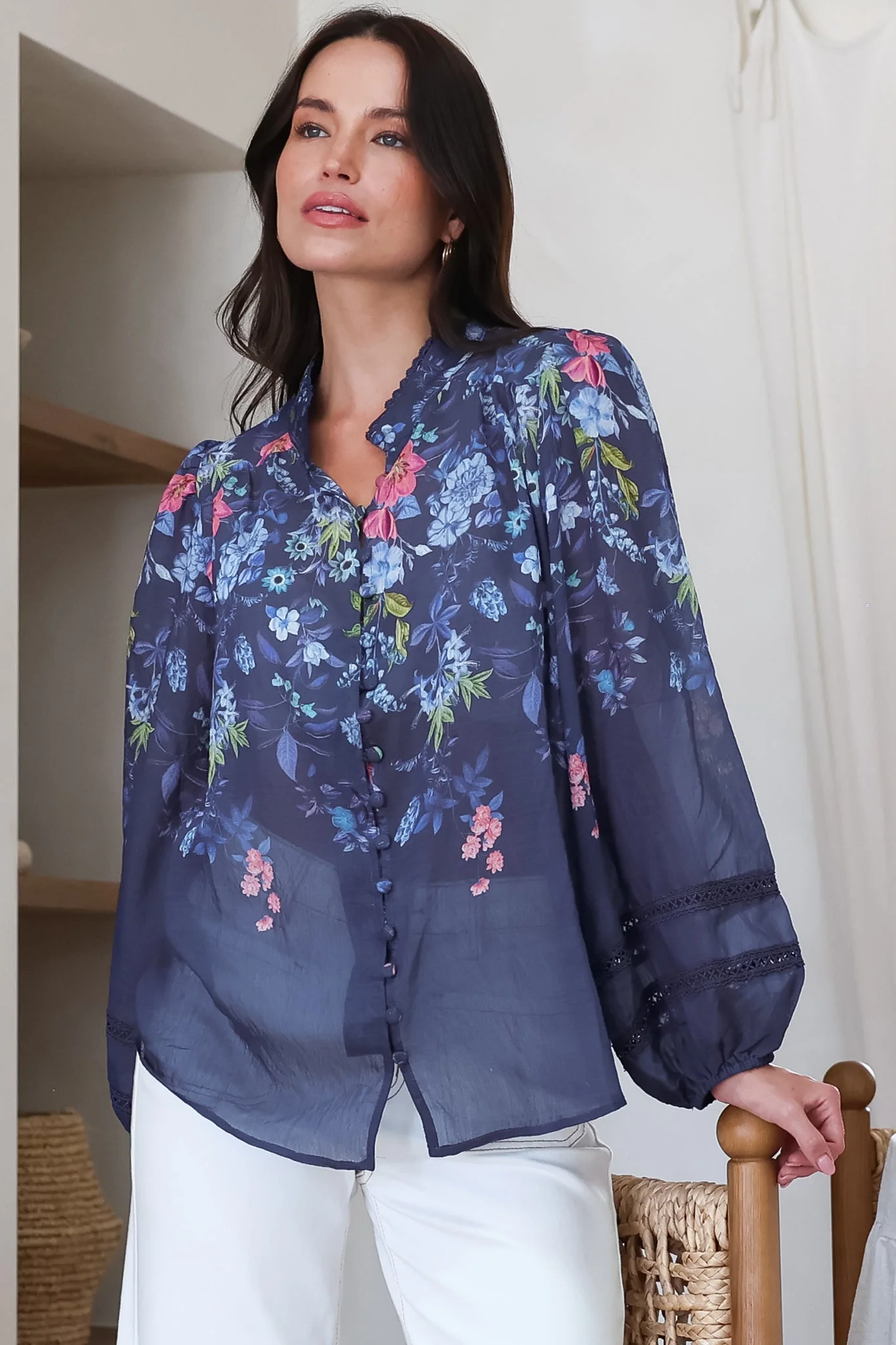 Diandra Blouse - Lace Trim Mandarin Collar Button Down with Balloon Sleeves in Elsie Print - Image 2