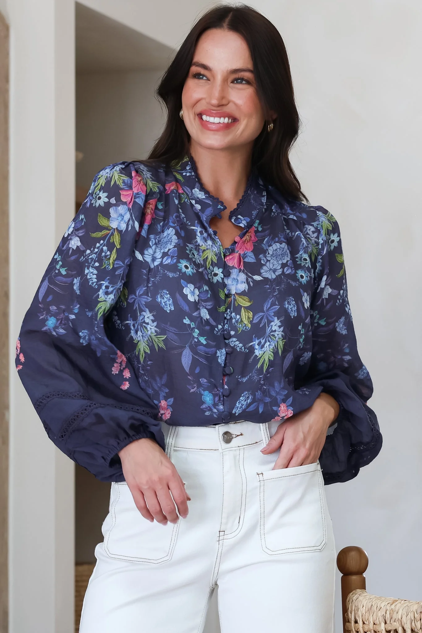 Diandra Blouse - Lace Trim Mandarin Collar Button Down with Balloon Sleeves in Elsie Print - Image 8
