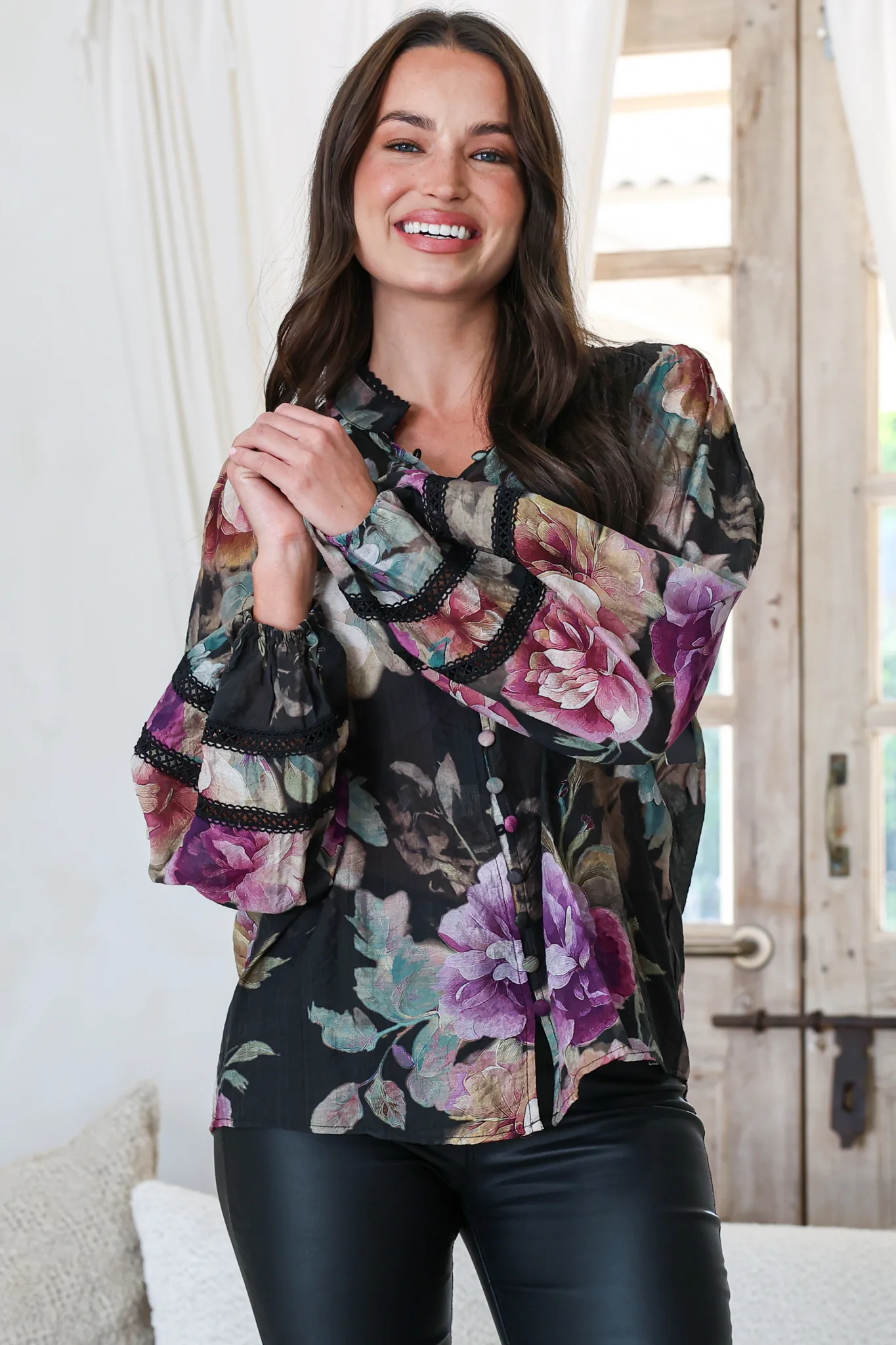 Diandra Blouse - Lace Trim Mandarin Collar Button Down with Balloon Sleeves in Scandalous Print - Image 3