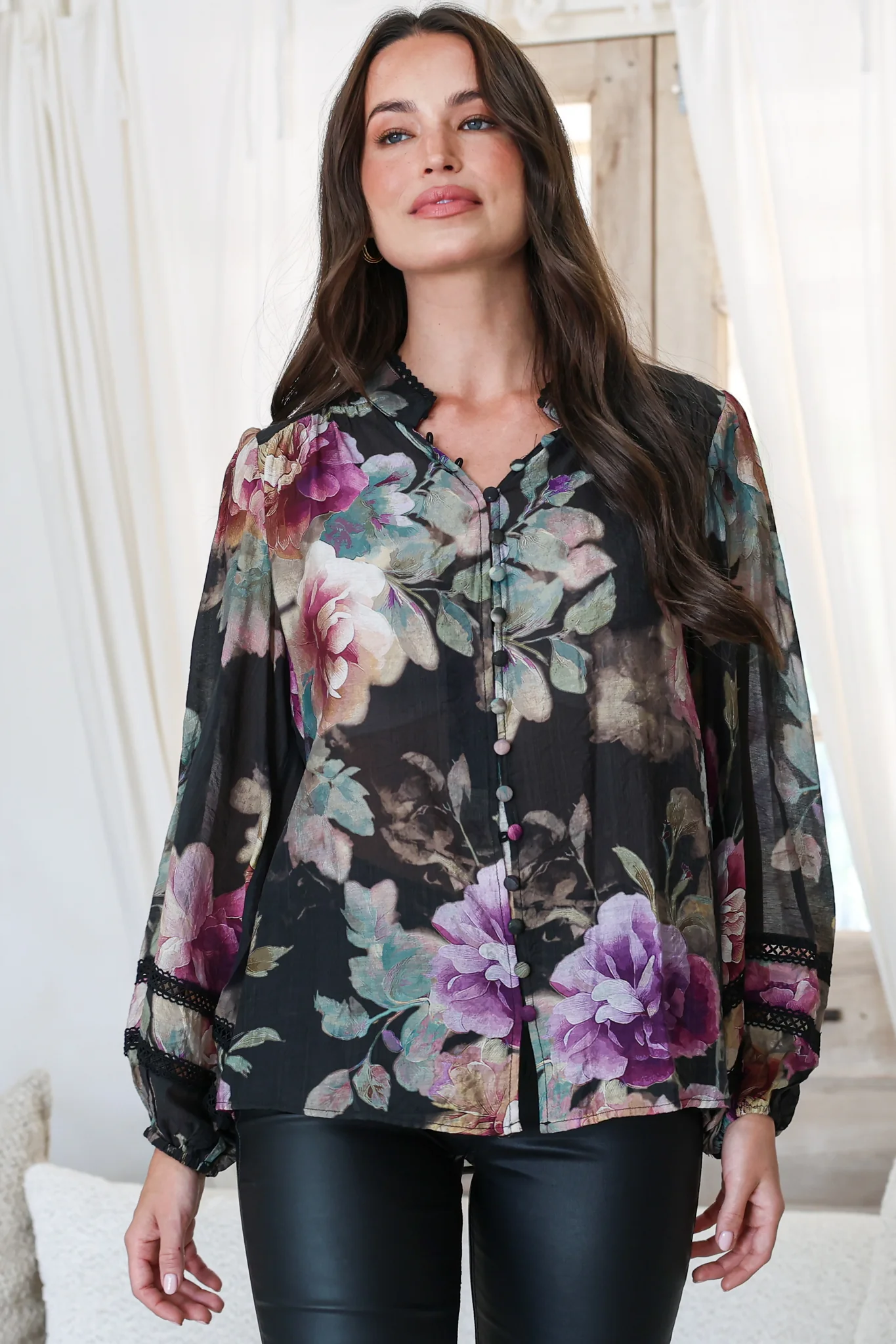 Diandra Blouse - Lace Trim Mandarin Collar Button Down with Balloon Sleeves in Scandalous Print - Image 6