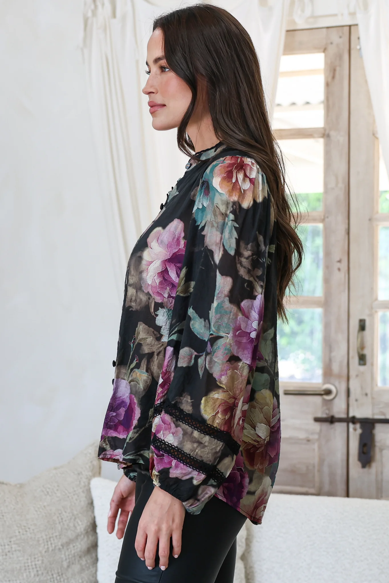 Diandra Blouse - Lace Trim Mandarin Collar Button Down with Balloon Sleeves in Scandalous Print - Image 7