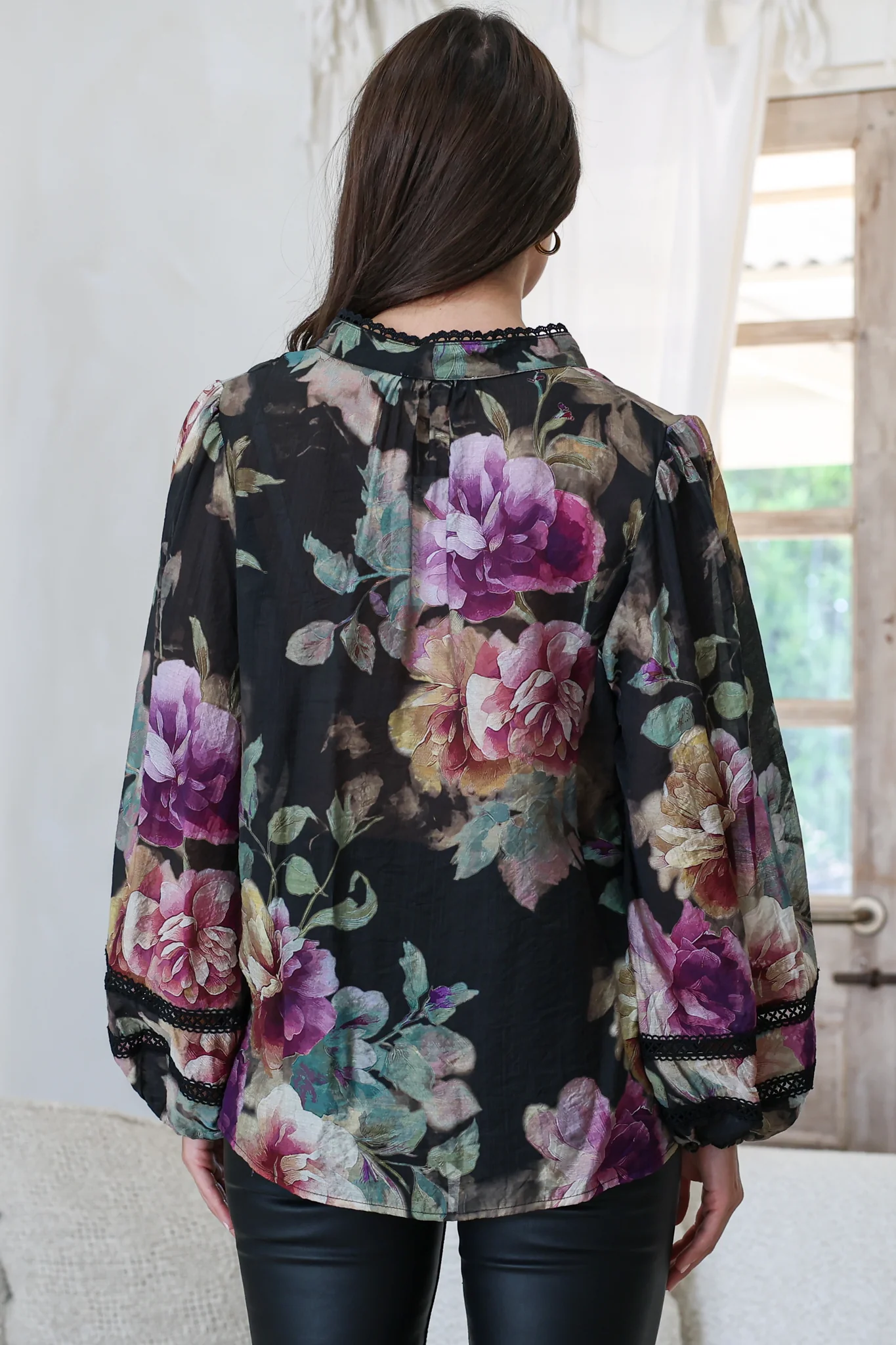 Diandra Blouse - Lace Trim Mandarin Collar Button Down with Balloon Sleeves in Scandalous Print - Image 8