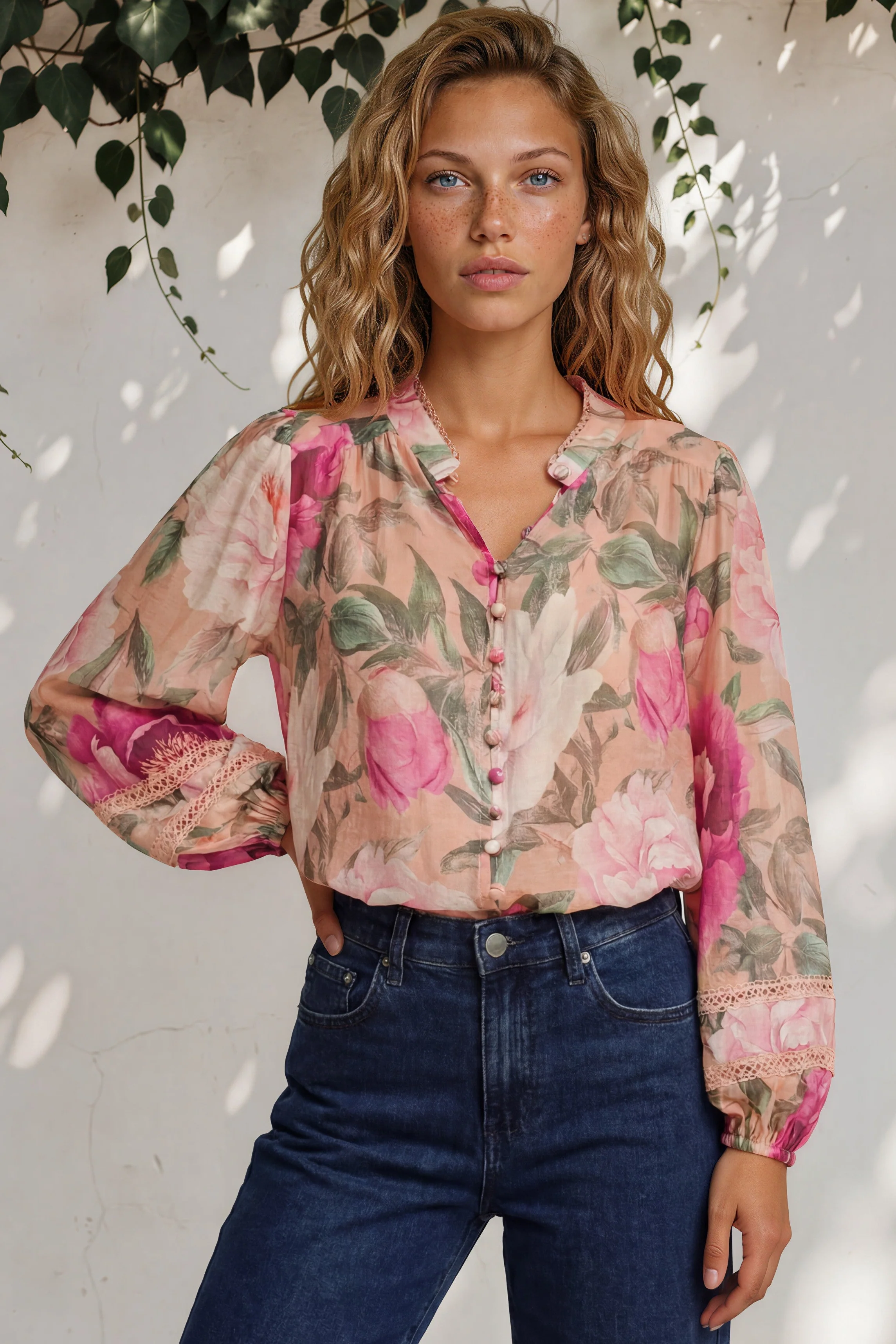 Diandra Blouse - Lace Trim Mandarin Collar Button Down with Balloon Sleeves in Tiana Print Pink