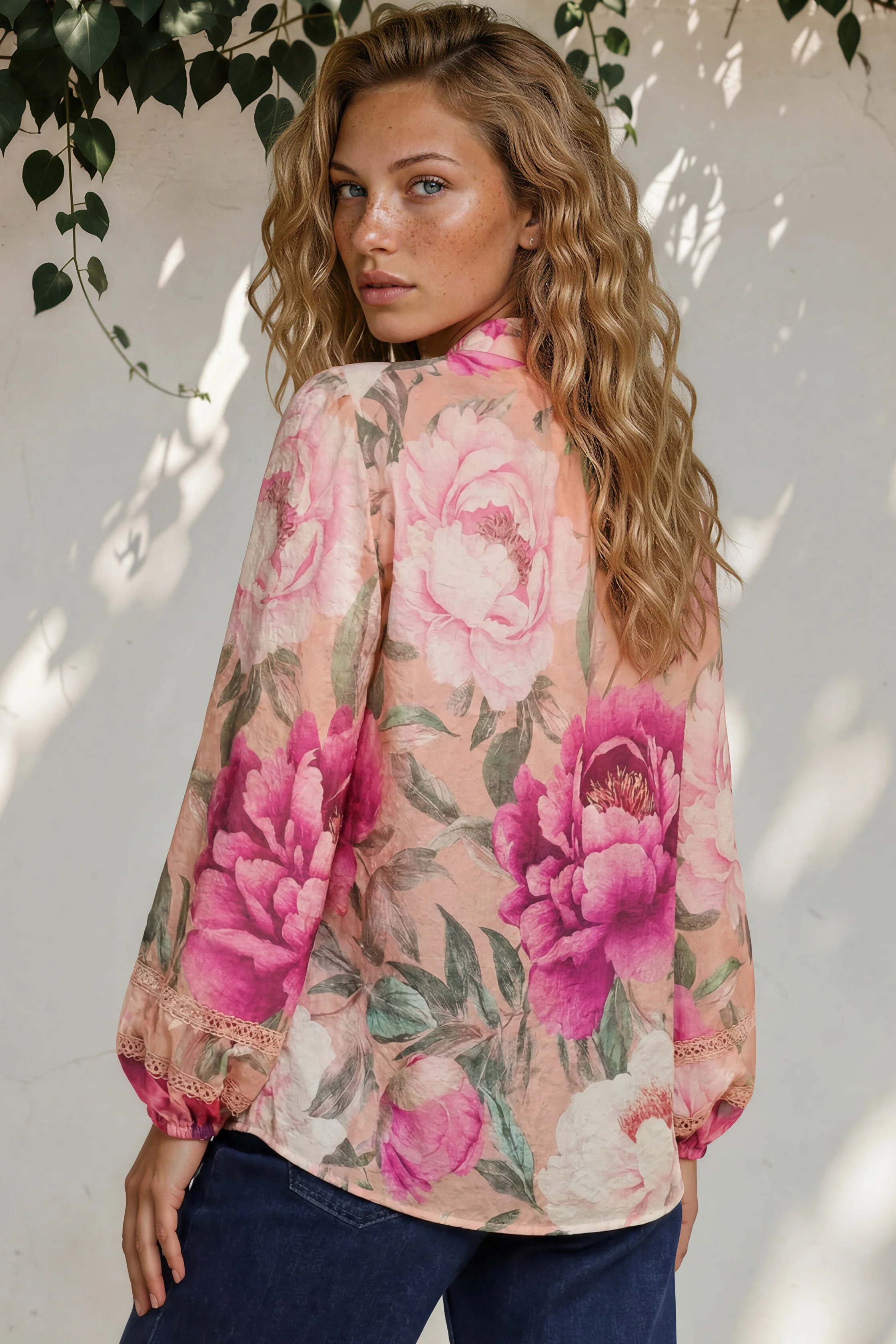 Diandra Blouse - Lace Trim Mandarin Collar Button Down with Balloon Sleeves in Tiana Print Pink - Image 5