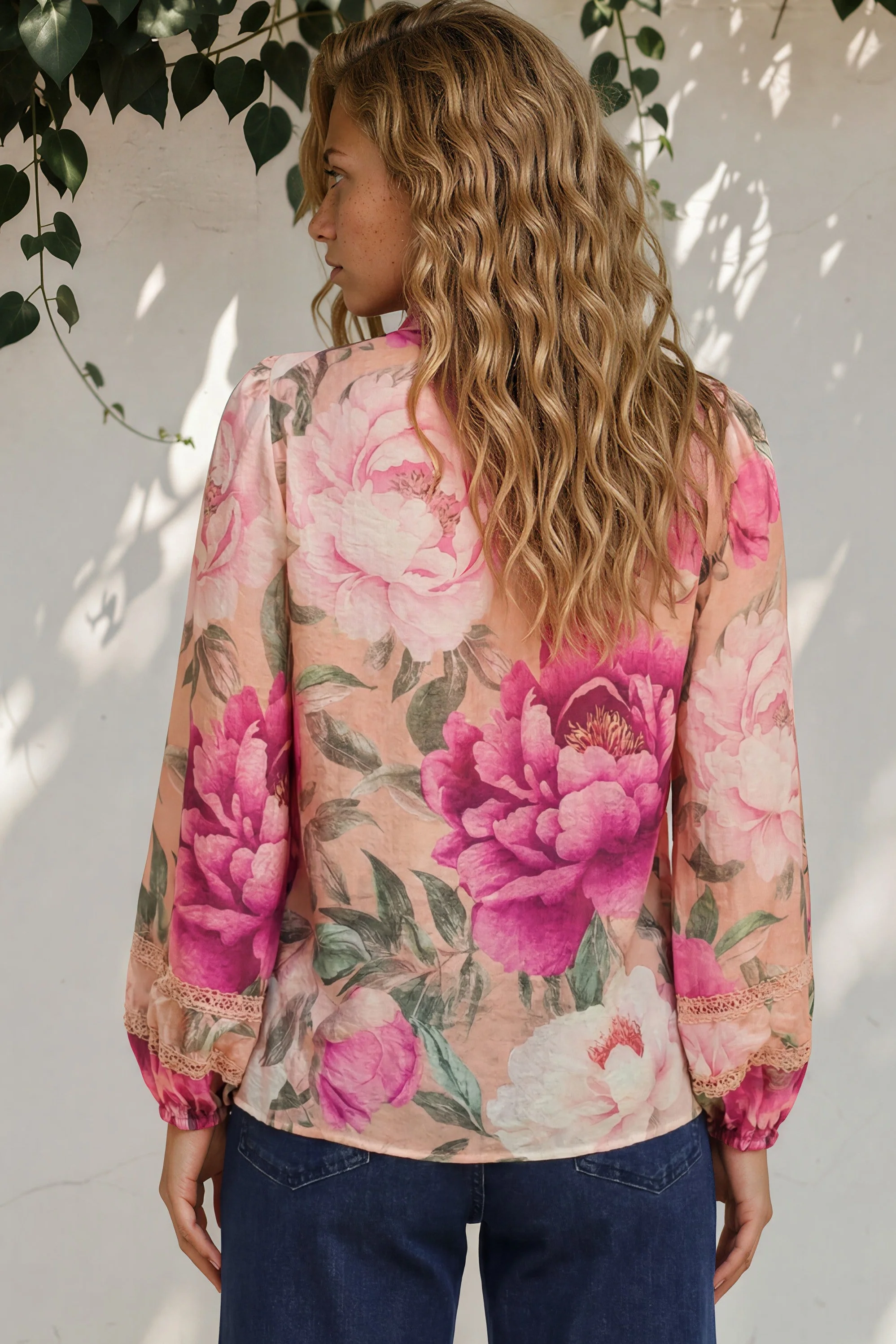 Diandra Blouse - Lace Trim Mandarin Collar Button Down with Balloon Sleeves in Tiana Print Pink - Image 6