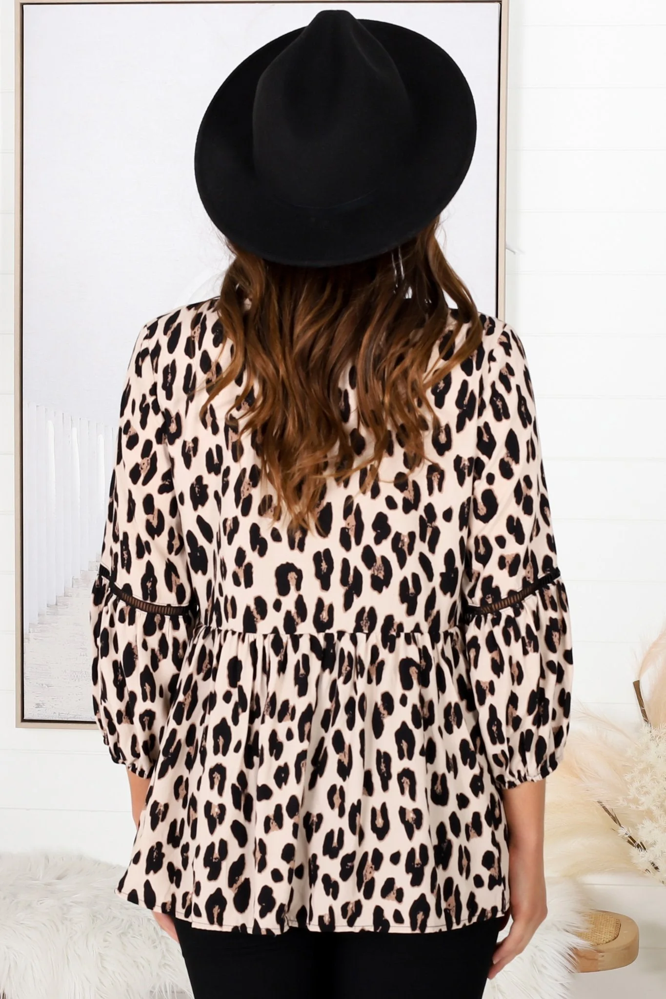 Dido Top - 3/4 Sleeve Smock Top with Lattice Inserts in Leopard - Image 7