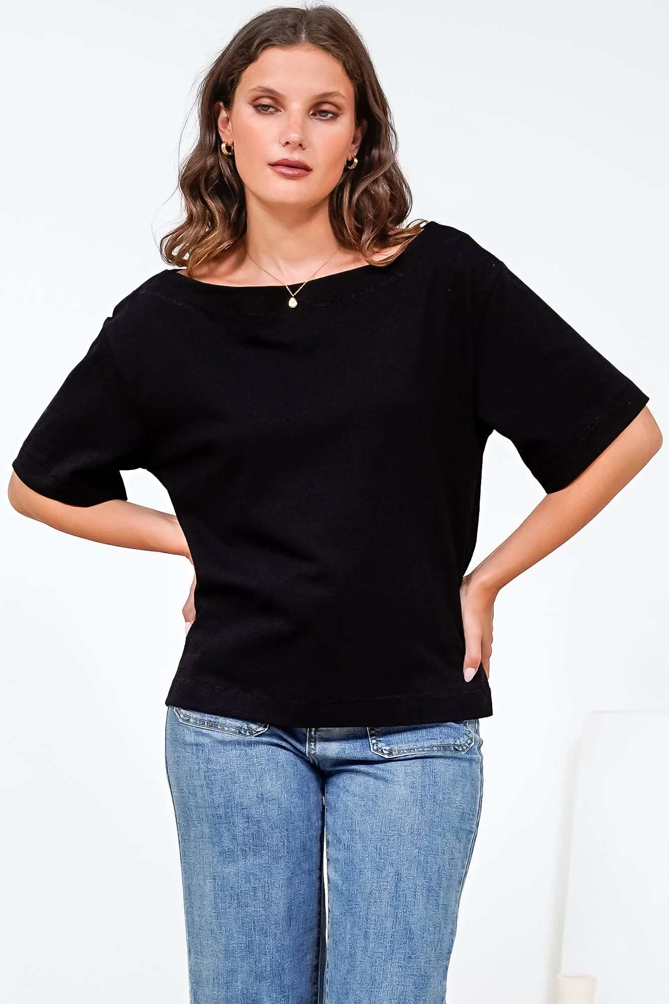 Dolce Top - Asymmetric Neckline Boxy Top with Side Split in Black - Image 4