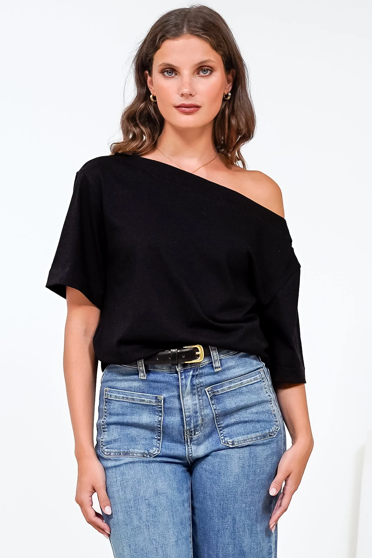 Dolce Top - Asymmetric Neckline Boxy Top with Side Split in Black - Image 5