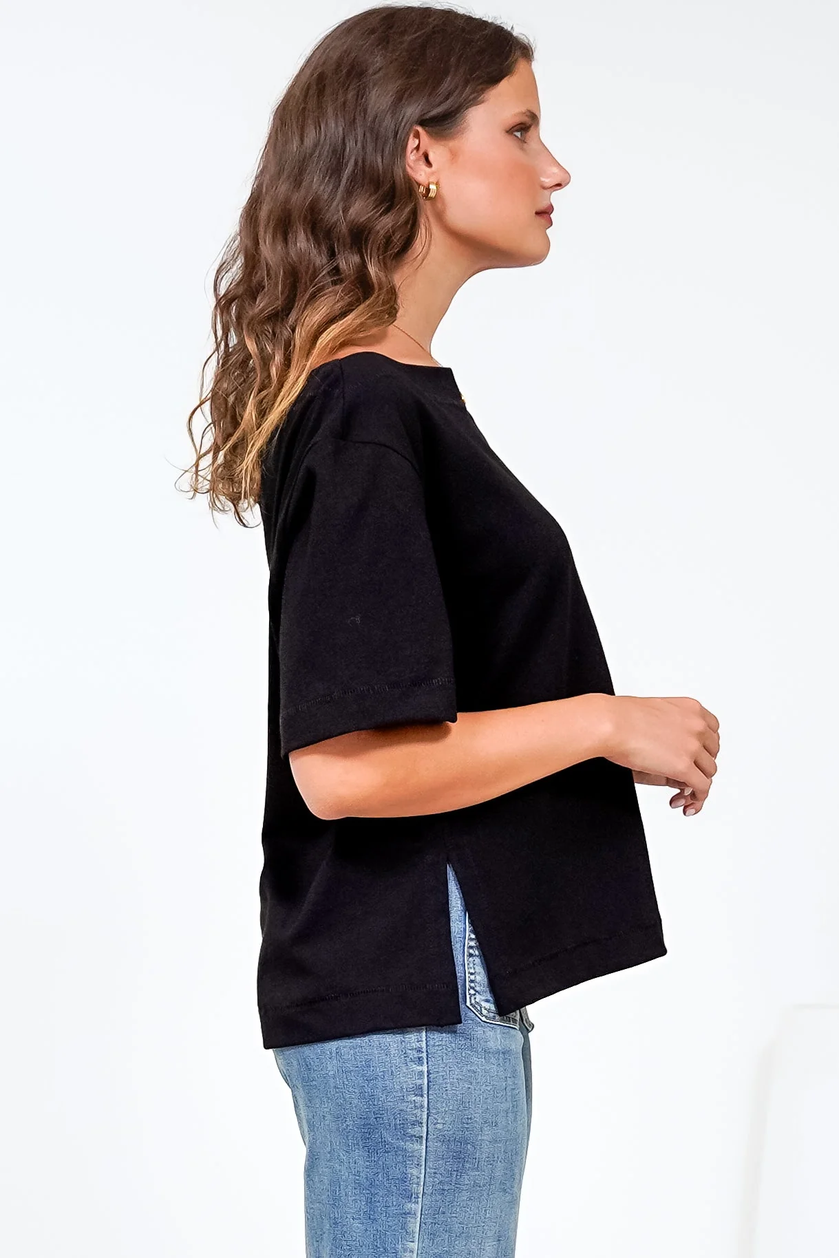 Dolce Top - Asymmetric Neckline Boxy Top with Side Split in Black - Image 8