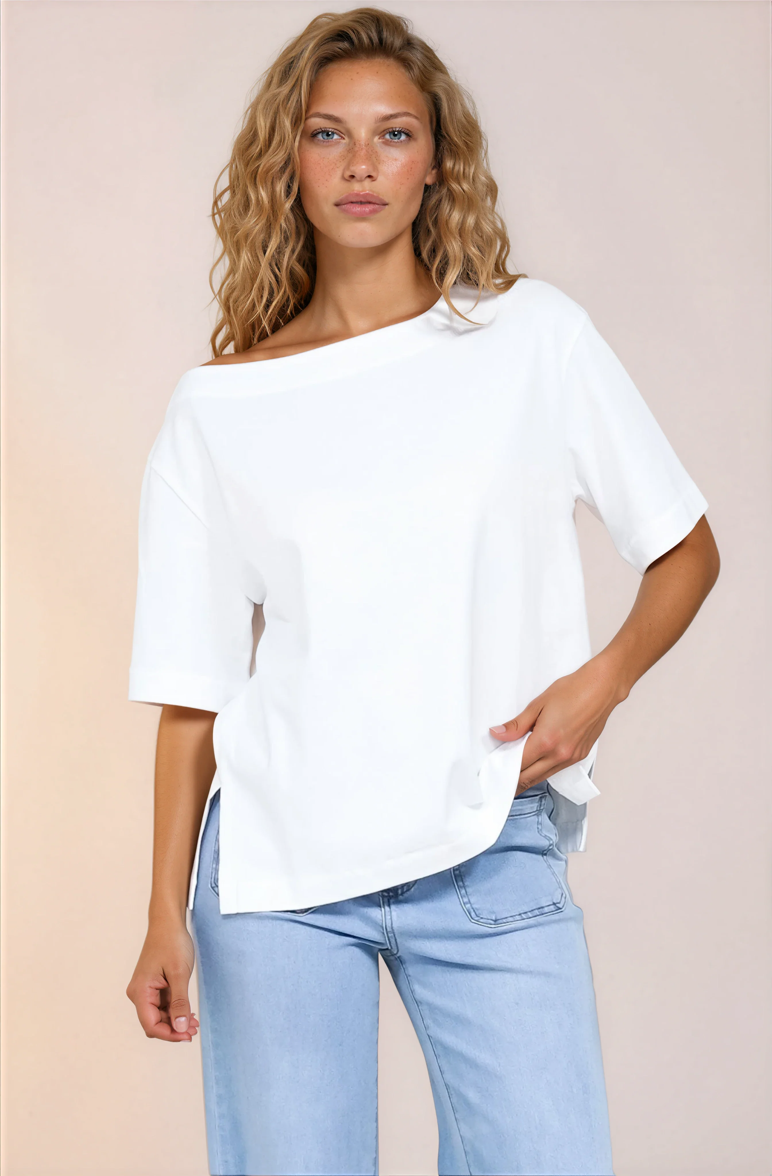 Dolce Top - Asymmetric Neckline Boxy Top with Side Split in White - Image 3