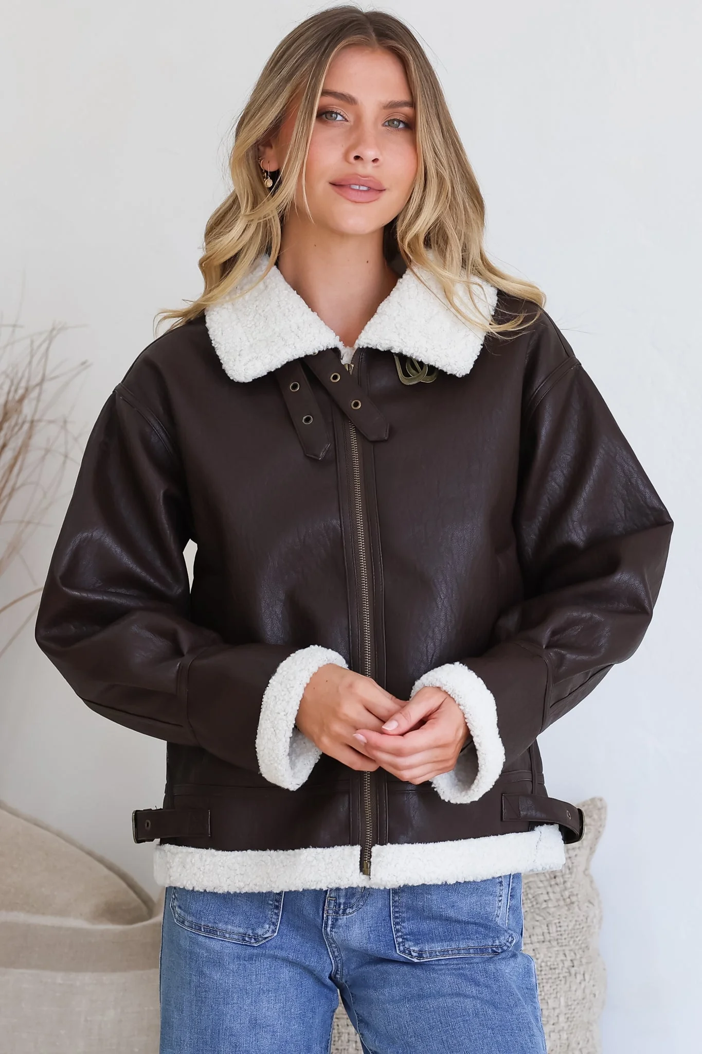 Domingo Jacket - Wing Collared Fleece Lined Biker Jacket in Brown - Image 2