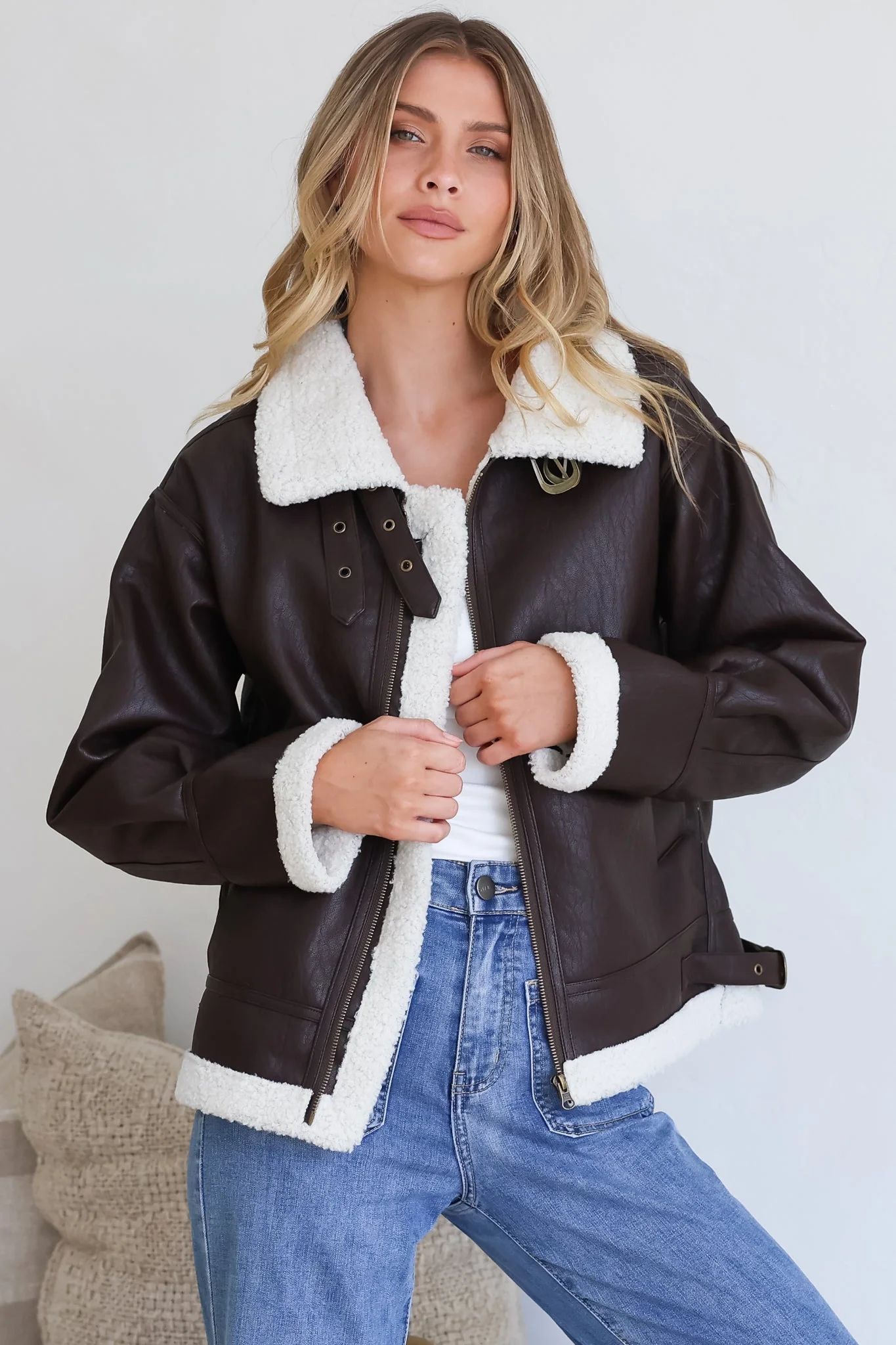 Domingo Jacket - Wing Collared Fleece Lined Biker Jacket in Brown - Image 3