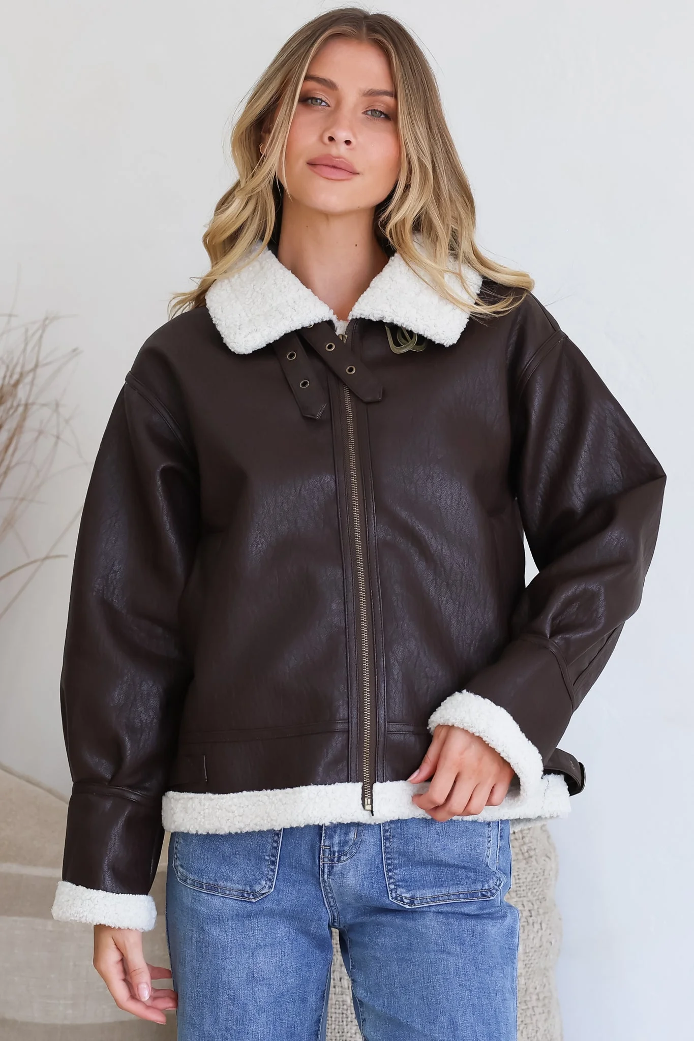 Domingo Jacket - Wing Collared Fleece Lined Biker Jacket in Brown - Image 4