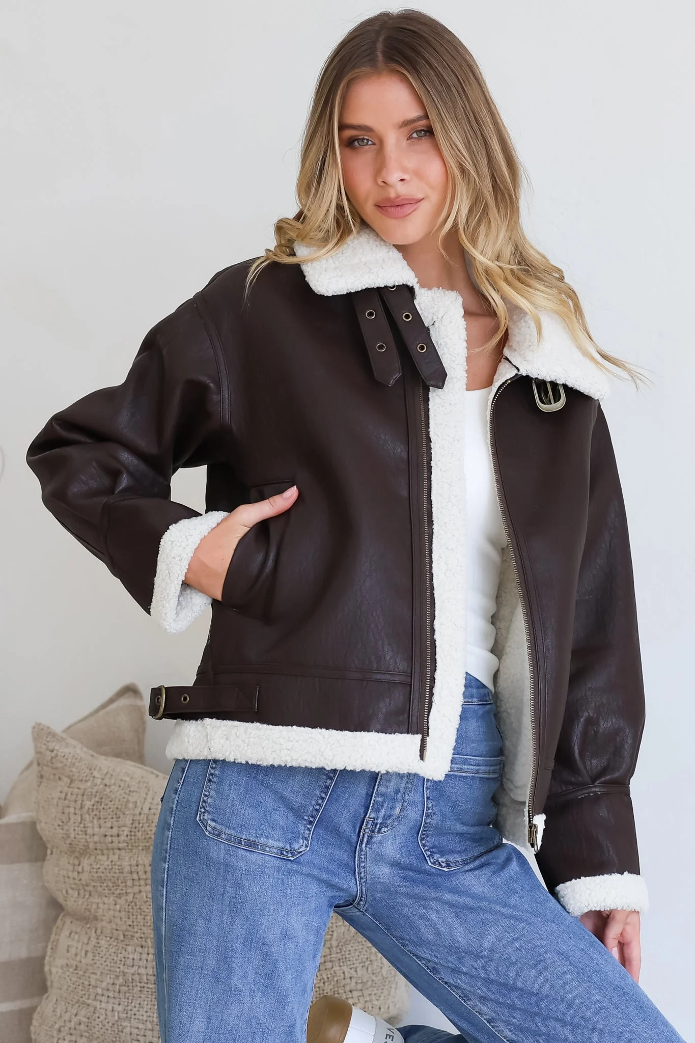 Domingo Jacket - Wing Collared Fleece Lined Biker Jacket in Brown - Image 5