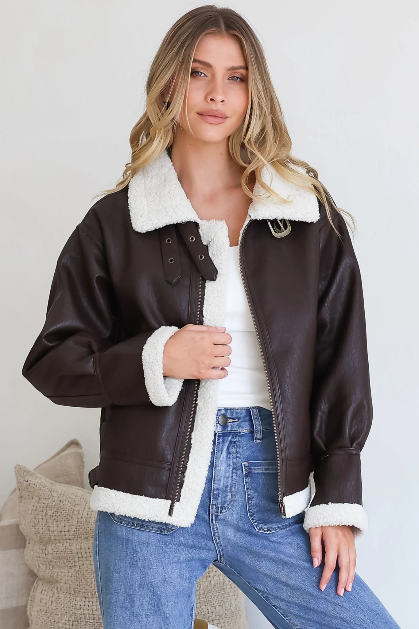 Domingo Jacket - Wing Collared Fleece Lined Biker Jacket in Brown - Image 7