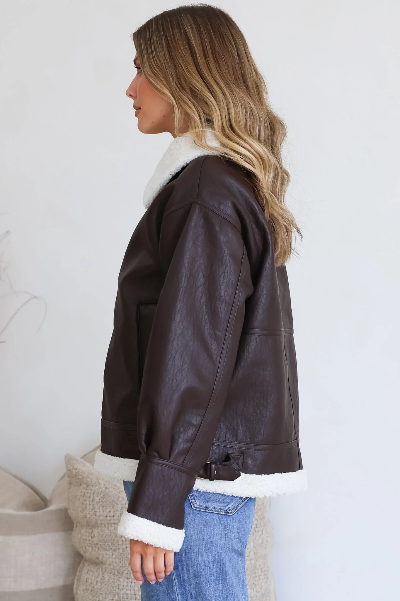 Domingo Jacket - Wing Collared Fleece Lined Biker Jacket in Brown - Image 9
