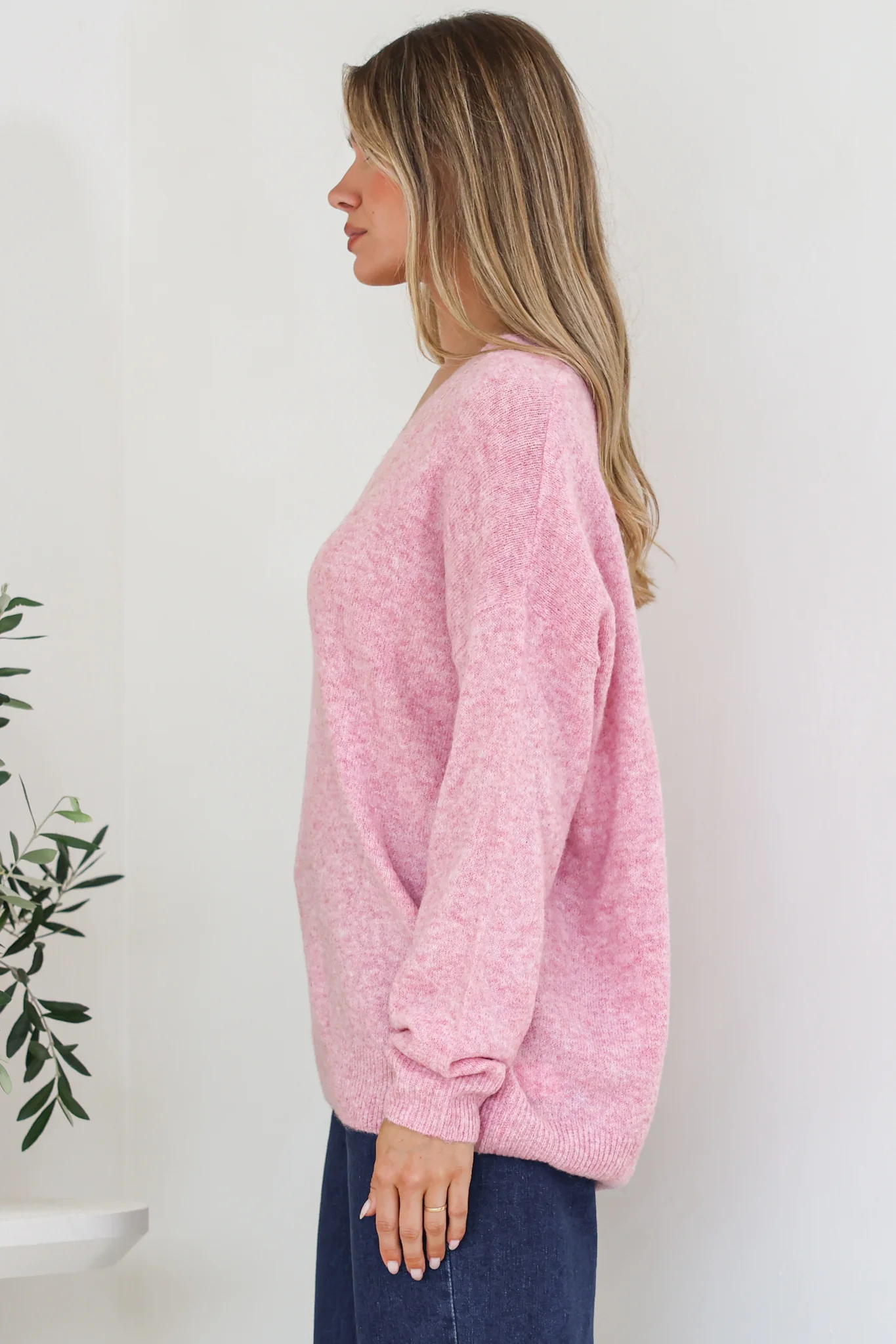 Donoven Jumper - V Neck Lightweight Knit with Ribbed Hemlines in Boysenberry - Image 7
