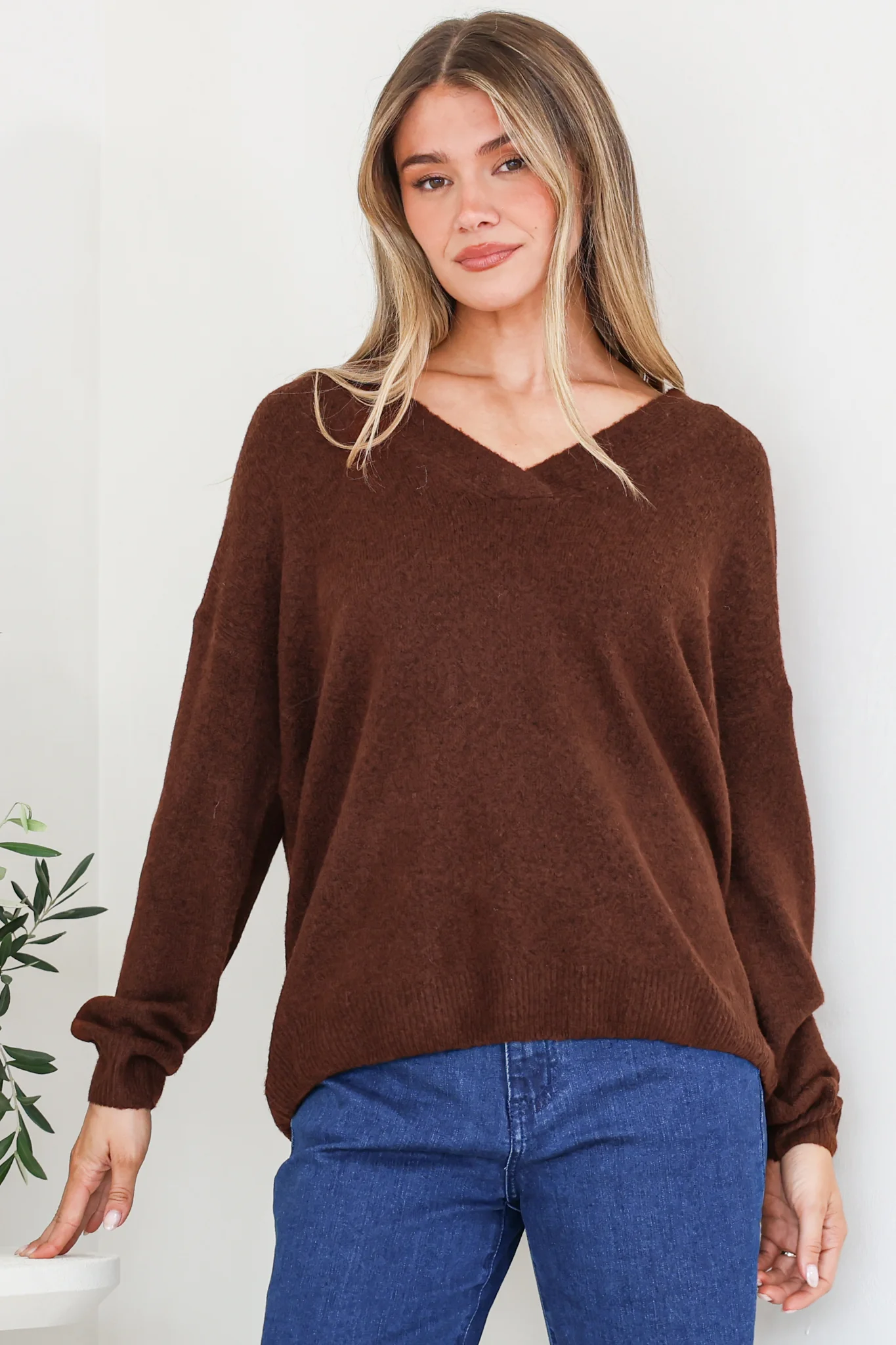 Donoven Jumper - V Neck Lightweight Knit with Ribbed Hemlines in Coffee - Image 2