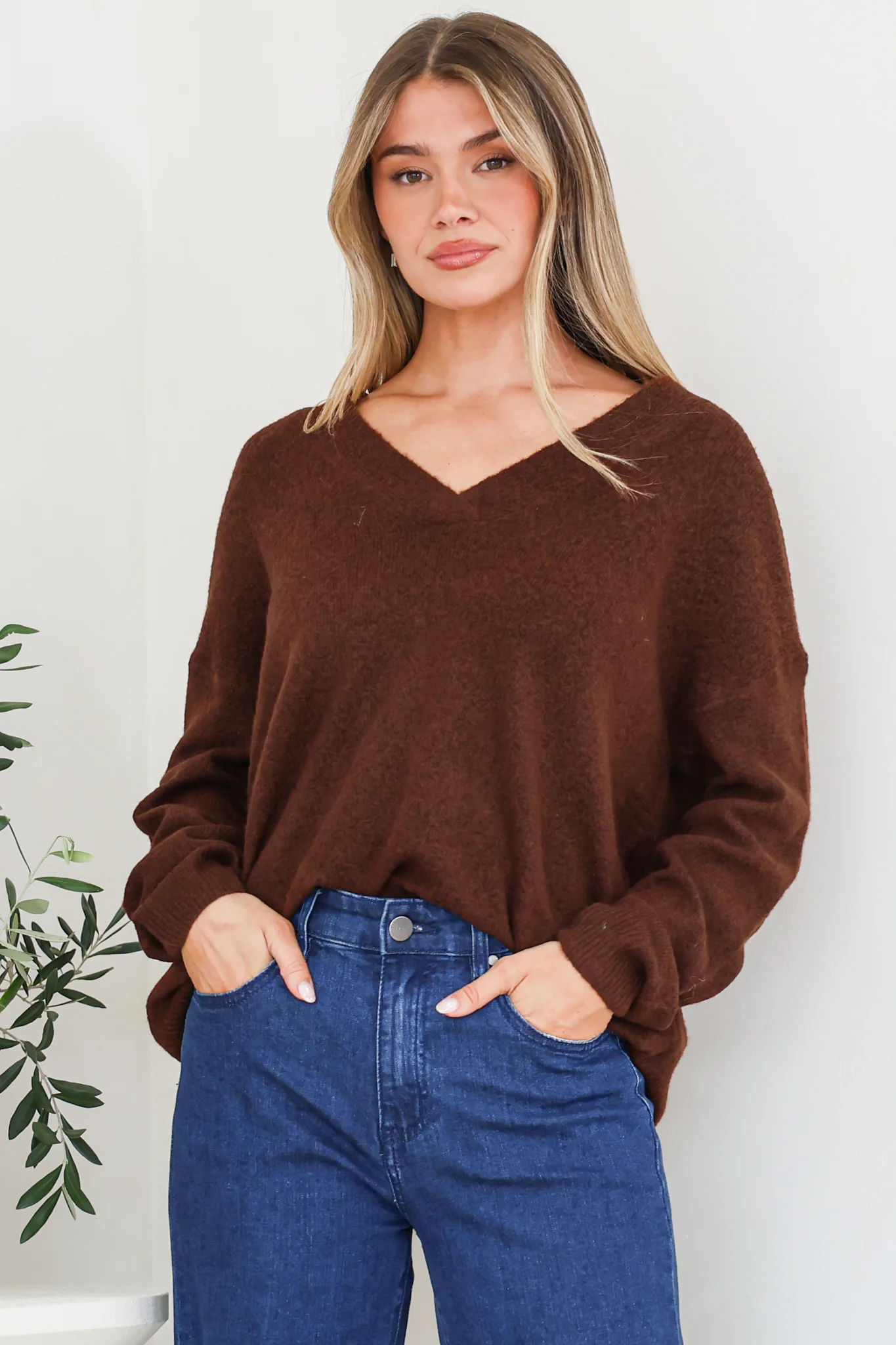 Donoven Jumper - V Neck Lightweight Knit with Ribbed Hemlines in Coffee - Image 3