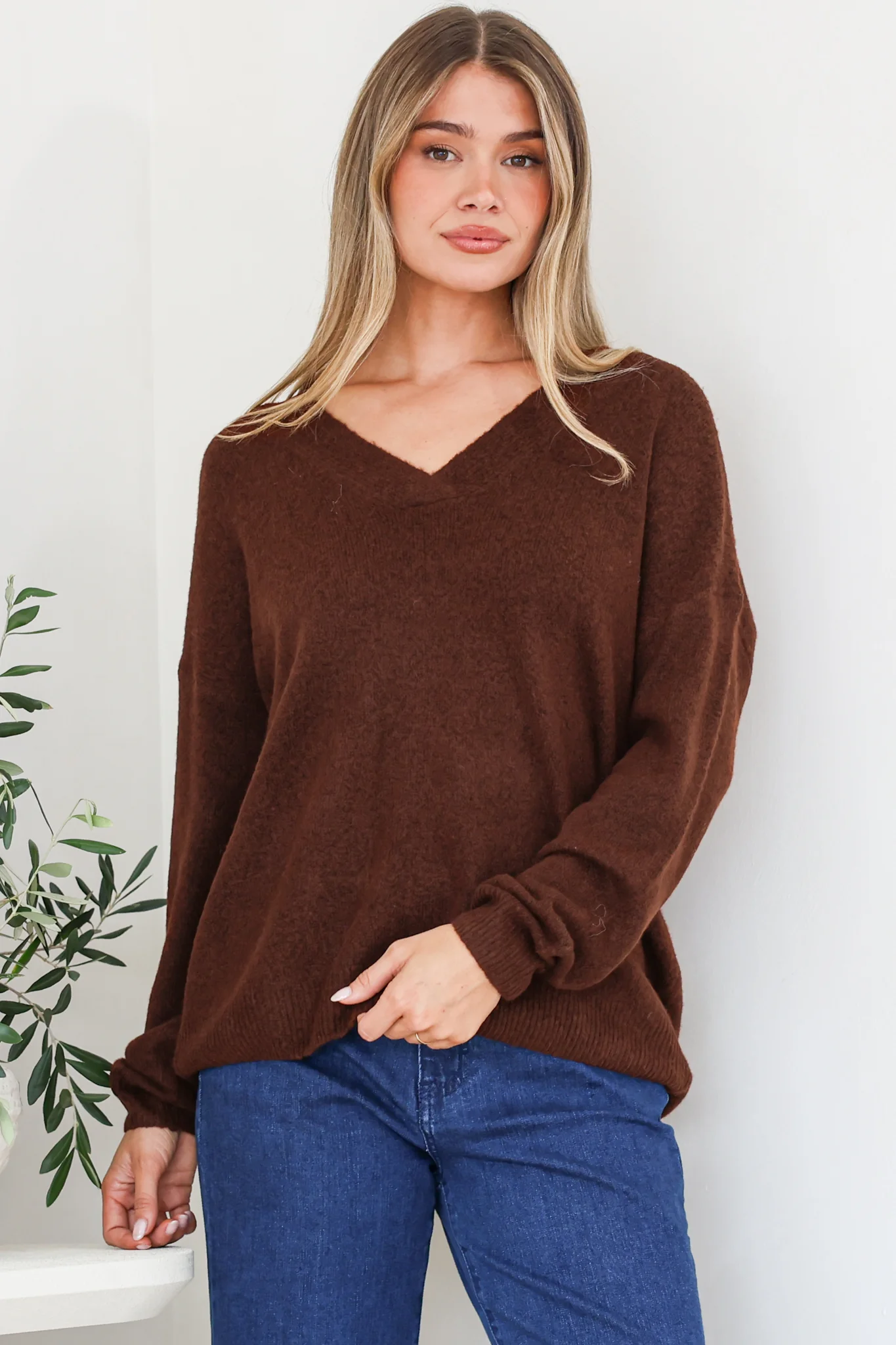 Donoven Jumper - V Neck Lightweight Knit with Ribbed Hemlines in Coffee - Image 4