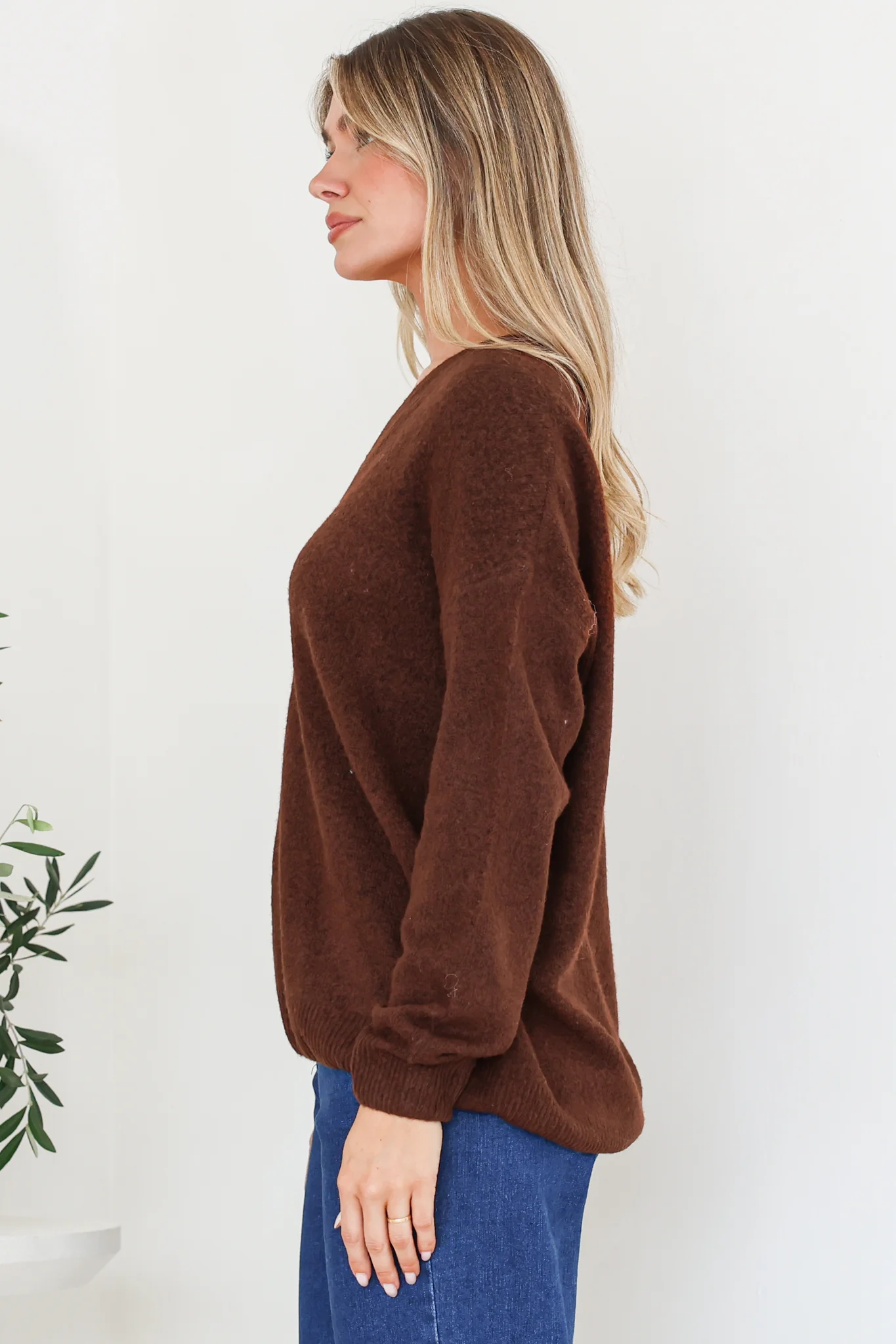 Donoven Jumper - V Neck Lightweight Knit with Ribbed Hemlines in Coffee - Image 7
