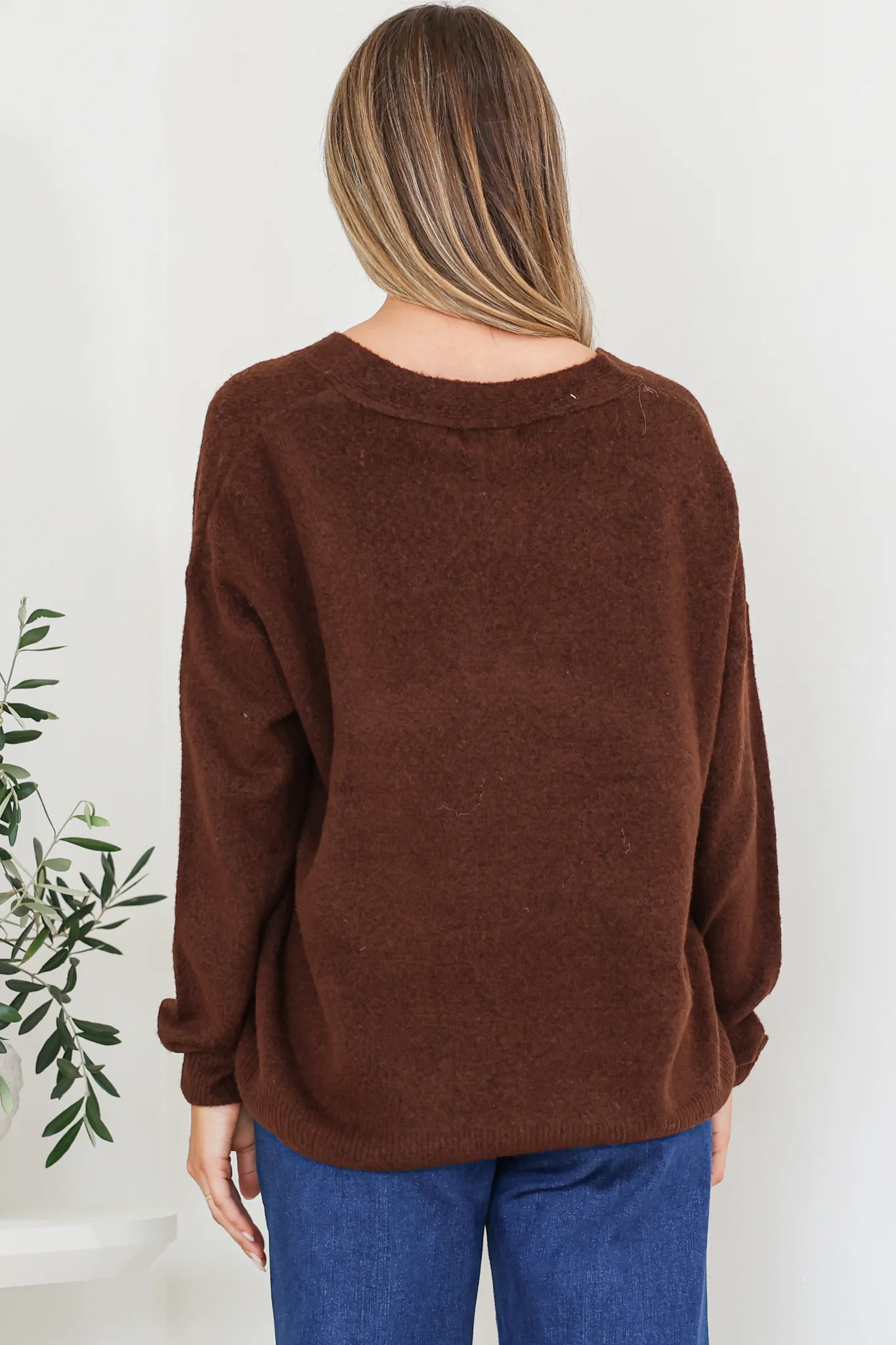Donoven Jumper - V Neck Lightweight Knit with Ribbed Hemlines in Coffee - Image 8