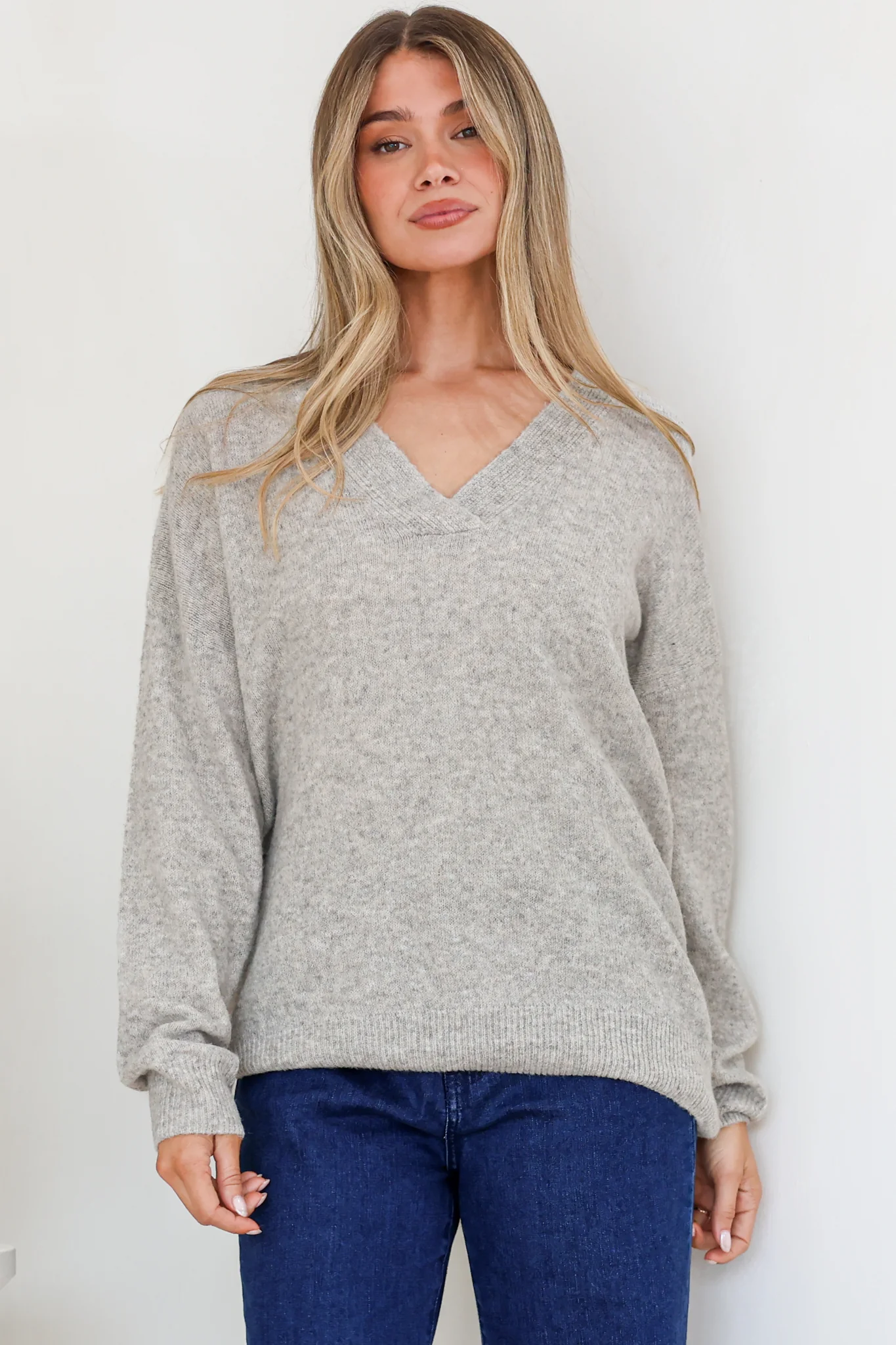 Donoven Jumper - V Neck Lightweight Knit with Ribbed Hemlines in Grey - Image 2