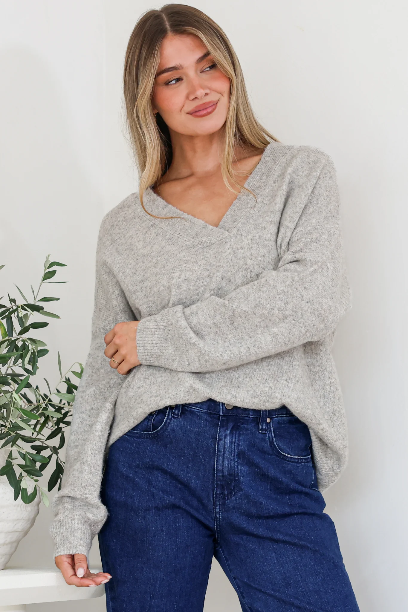 Donoven Jumper - V Neck Lightweight Knit with Ribbed Hemlines in Grey - Image 3